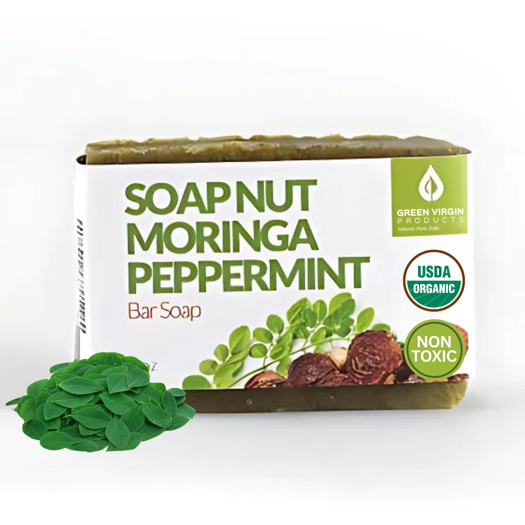 Organic Soap Nut, Moringa & Peppermint Bar Soap - Natural Handmade Cleansing Bar for Sensitive Skin, Eco-Friendly Bath & Shower Soap for Daily Use