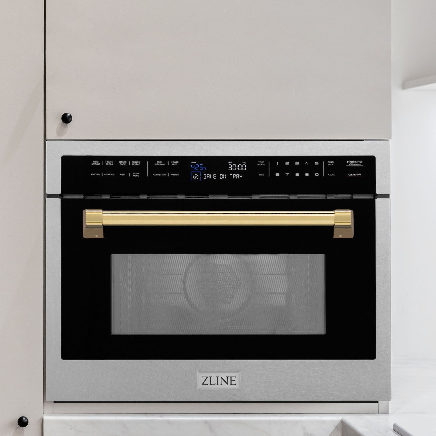 ZLINE Autograph Edition 24 Inch Built-In Convection Microwave Oven - 1.6 cu ft Capacity, Satin Stainless Steel with Polished Gold Accents (MWOZ 24 SS G) - Perfect for Modern Kitchens, Small Spaces & Gourmet Cooking