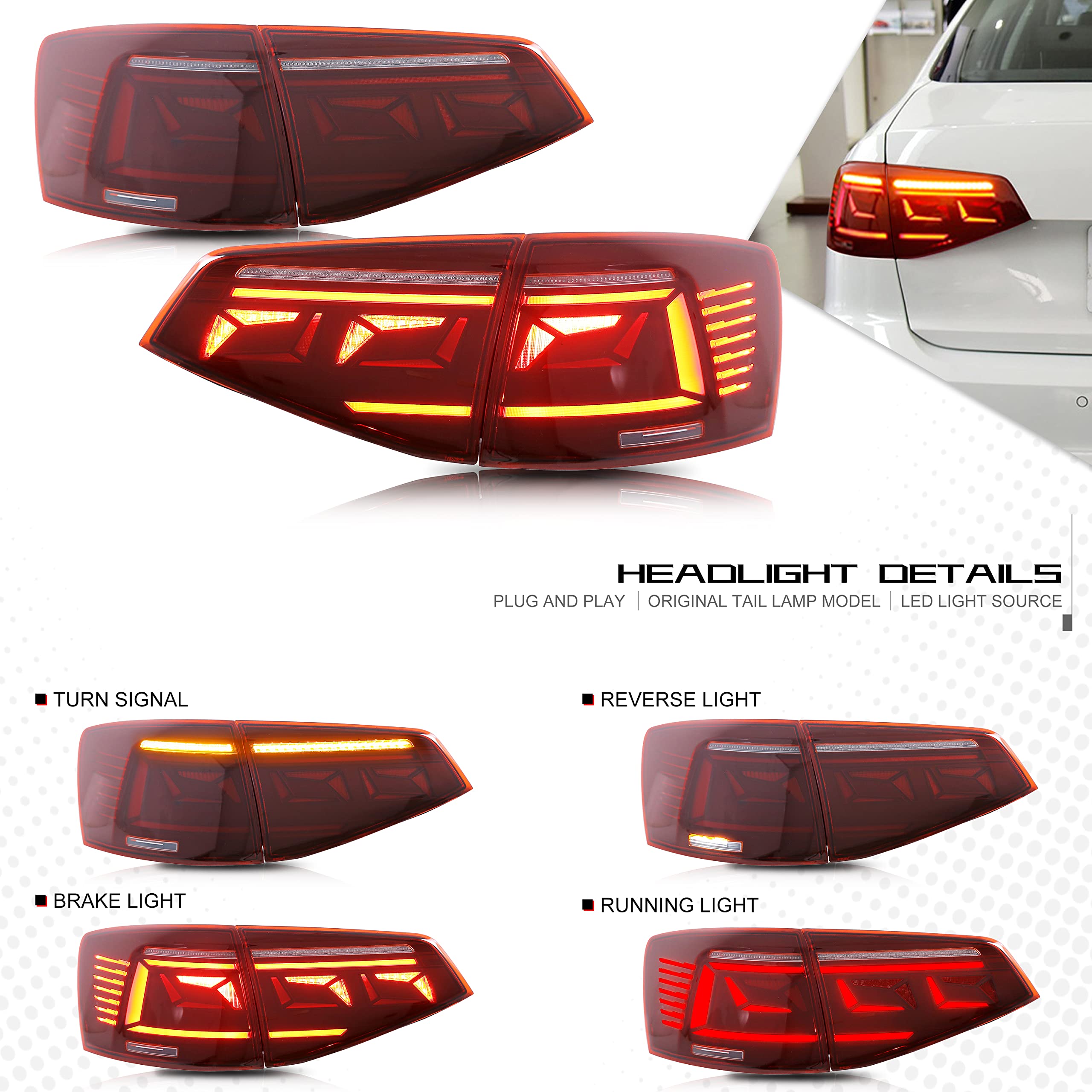 2015-2018 Volkswagen Jetta LED Tail Lights with Startup Animation & Sequential Turn Signals - Red Rear Lamp Assembly for Enhanced Visibility & Style