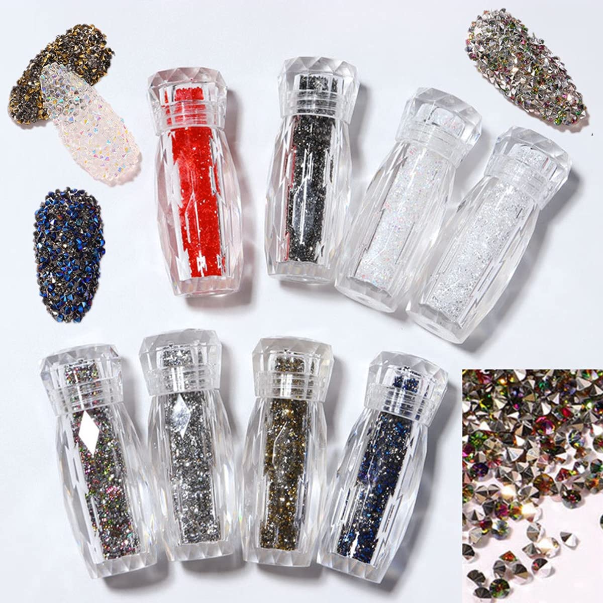 8 Pack Multicolor Rhinestone Crystal Beads for Nails - Tiny 3D Glass Gems, Sparkling Strass Diamonds & Iridescent Micro Crystals for Nail Art, Eye Makeup & Beauty Bling (Perfect for DIY Manicures, Costume Jewelry & Festival Glam)