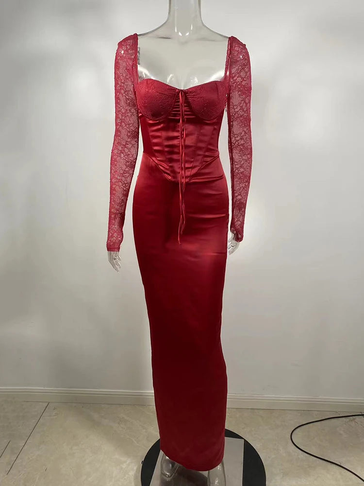 Sexy Backless Long Sleeve Maxi Dress for Women - Solid Square Neck Lace-Up Back Bodycon Club Dress with High Slit | Elegant Evening Wear for Parties, Date Nights & Special Occasions