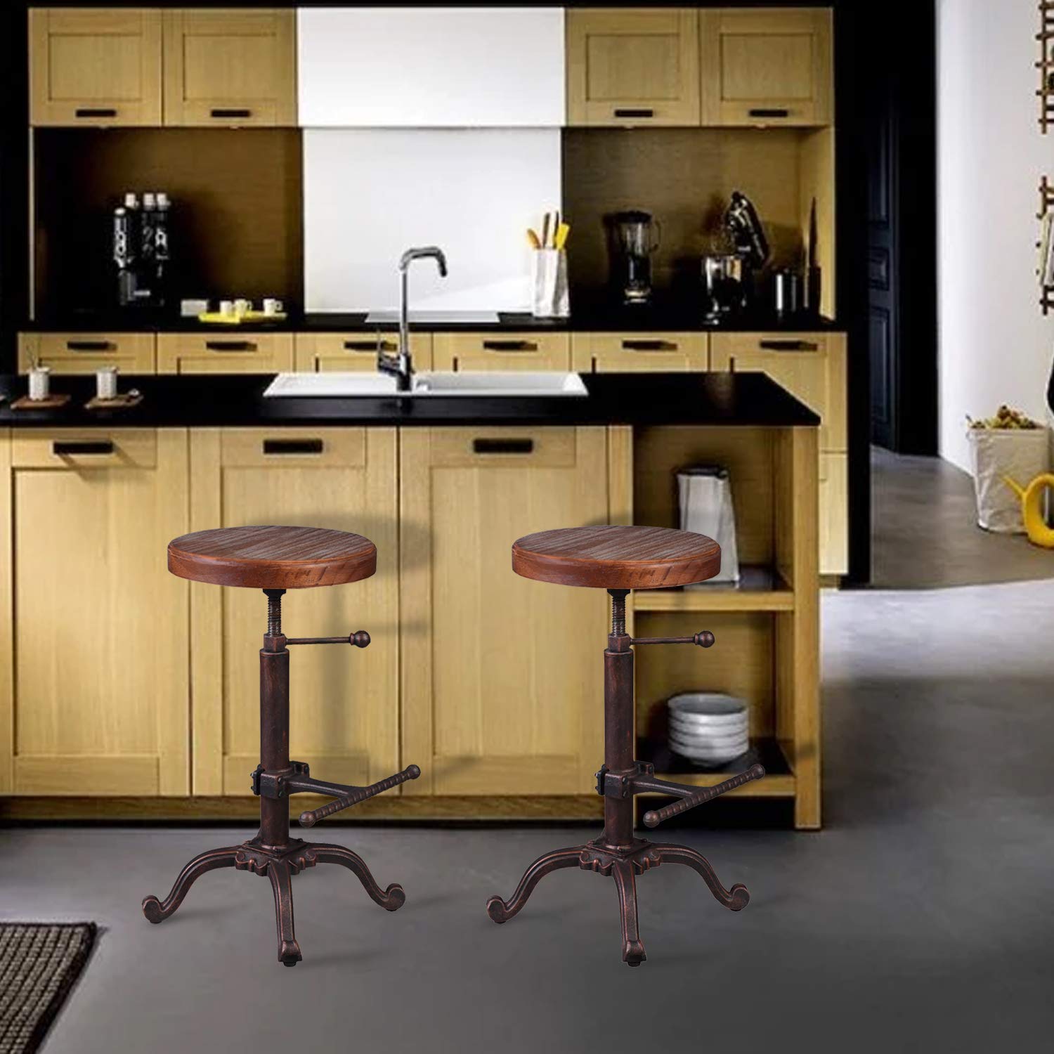 Vintage Farmhouse Wooden Tractor Stool - Adjustable Height Swivel Bar Stool with Industrial Retro Design, Copper Finish - Perfect for Kitchen Islands, Home Bars & Rustic Dining Rooms