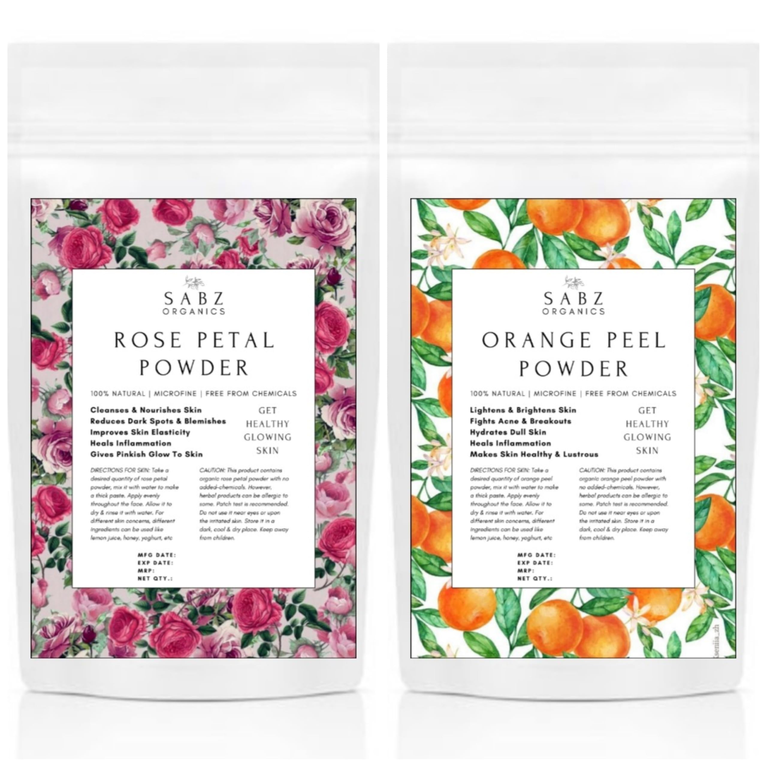 Sabz Organics Natural Dried Rose Petal Powder & Orange Peel Powder Combo (100g Each) - Organic Skincare for Face, Body & Hair Care | DIY Face Masks, Hair Treatments & Aromatherapy