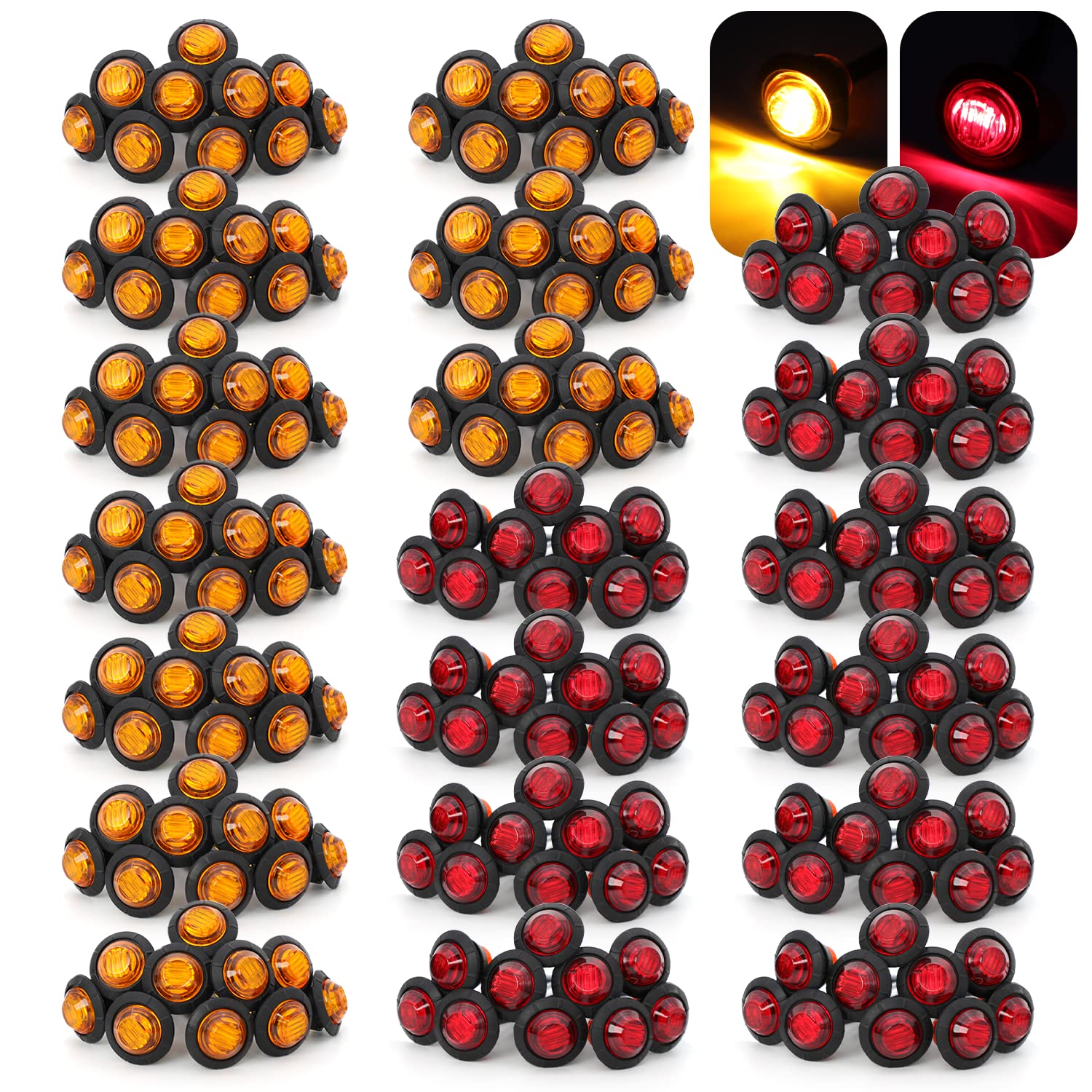 MADCATZ 3/4 Inch Round Side Marker Lights - Amber/Red 3LED for Trucks, Trailers, Boats & Buses - 12V DC Pack of 200 - Durable Vehicle Safety Lights for Night Visibility & Road Compliance