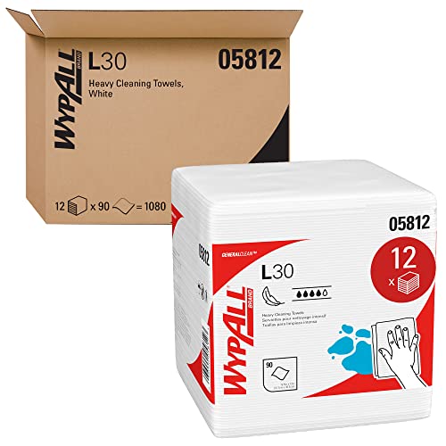 WypAll L30 Heavy Duty Cleaning Towels (05812) - Strong, Soft Industrial Wipes - White, 12 Packs/Case (90 Towels Each) - Ideal for Workshops, Garages & Commercial Cleaning