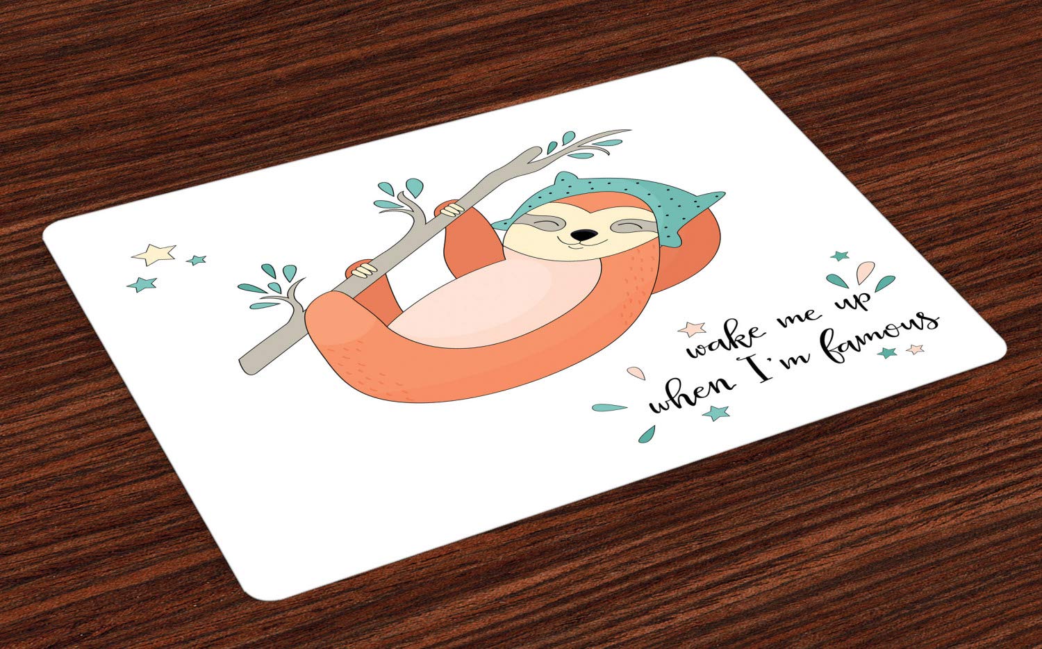 Ambesonne Cartoon Place Mats Set of 4 - Funny Sloth Design 'Wake Me Up When I'm Famous' - Washable Fabric Dining Table Mats for Kitchen, Breakfast & Dinner - Standard Size Multicolor Placemats