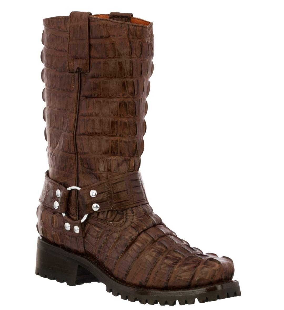 Men's Black Motorcycle Leather Boots - Cowboy Style with Alligator Tail Print - Durable Riding & Casual Wear for Bikers & Outdoor Enthusiasts