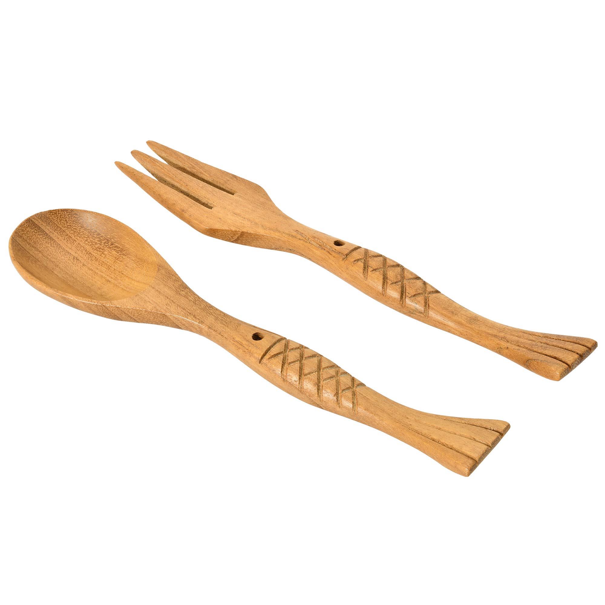 AeraVida Stylish Teak Wood Spoon and Fork Set - Handcrafted Fish Carved Cutlery for Lunch Box, Picnics, Camping & Travel | Eco-Friendly Wooden Utensils | Durable & Lightweight Dining Set