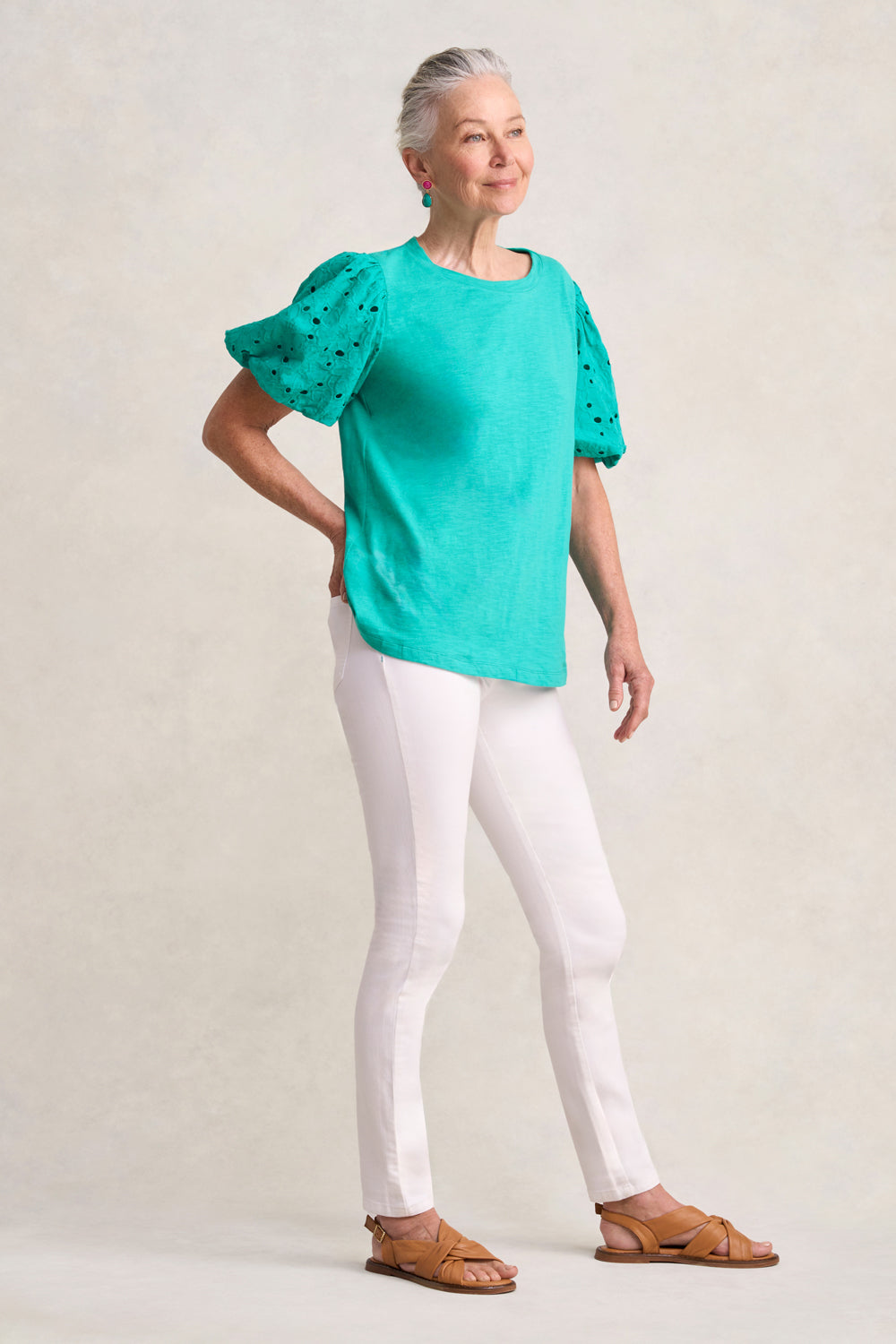 Stylish Viridian Broderie Sleeve Cotton T-Shirt for Women | Breathable Summer Casual Top | Perfect for Outings, Dates & Everyday Wear