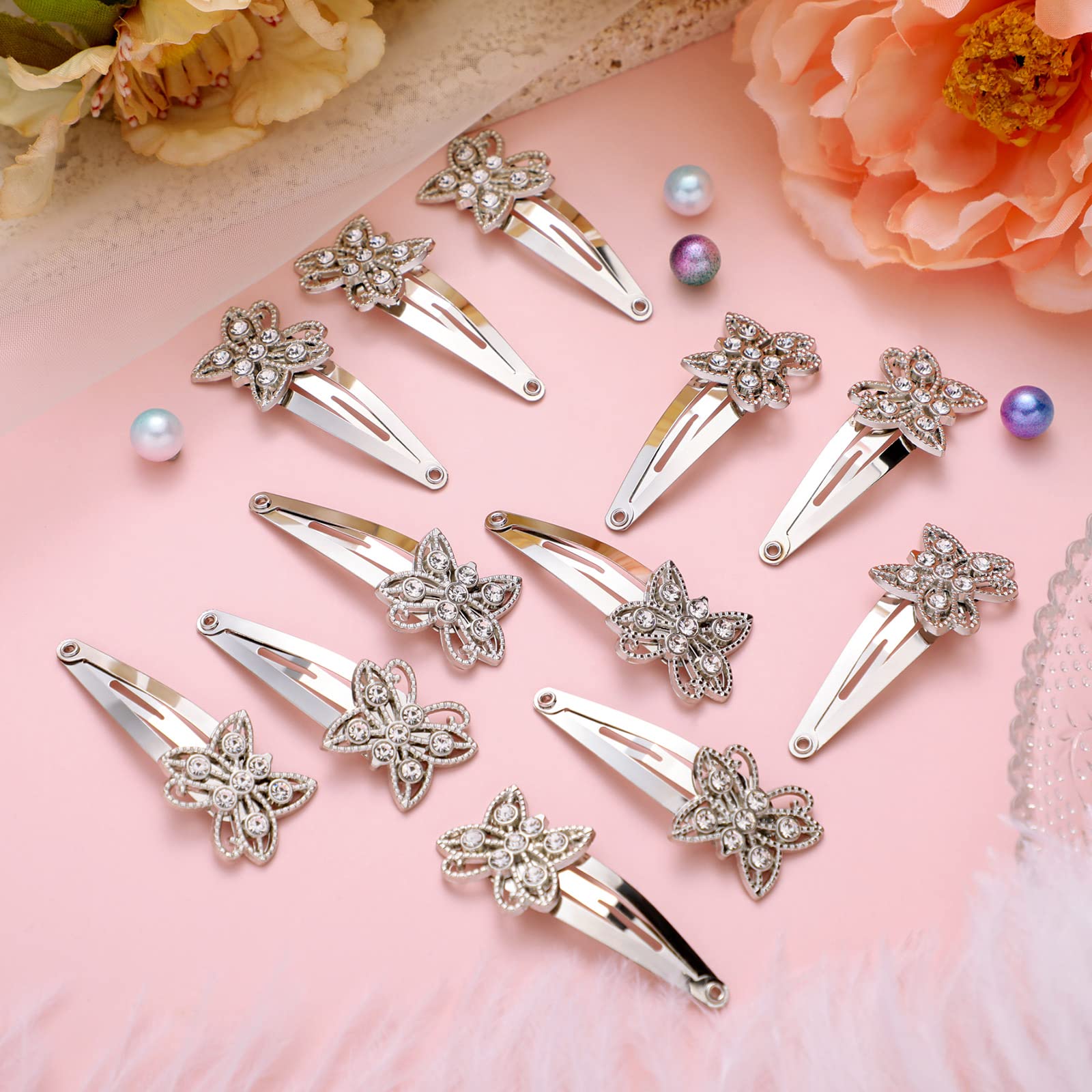Jexine 12-Piece Silver Butterfly Rhinestone Hair Clips Set - Elegant Barrettes for Women & Girls - Shining Hair Accessories for Weddings, Parties & Everyday Styling