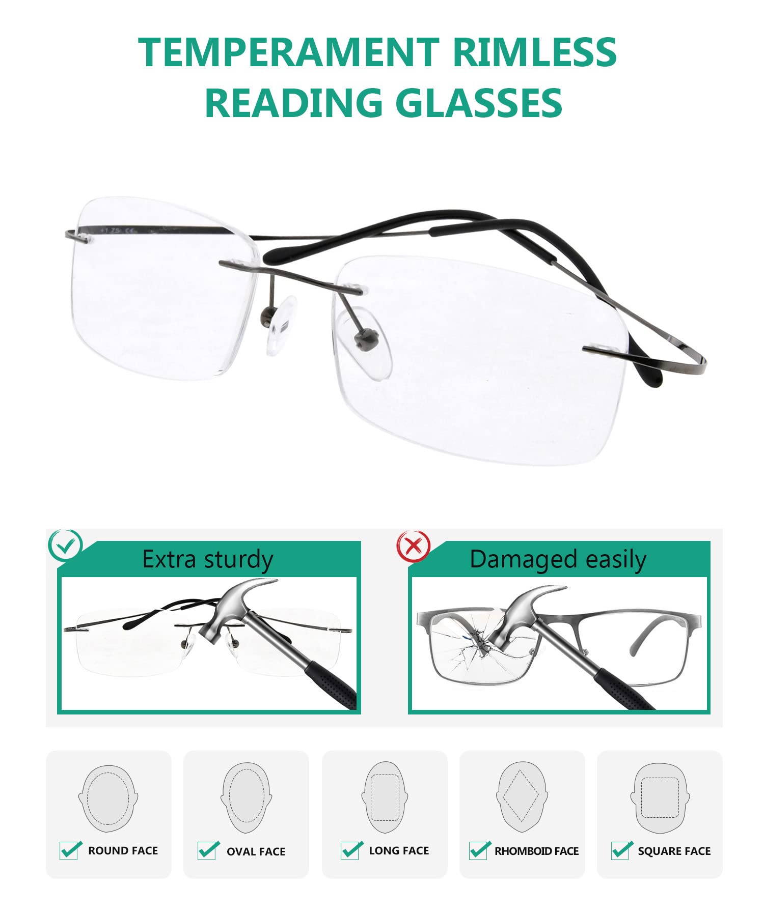 Titanium Rimless Reading Glasses for Men & Women - Lightweight Blue Light Blocking Eyewear - Perfect for Office, Reading & Computer Work