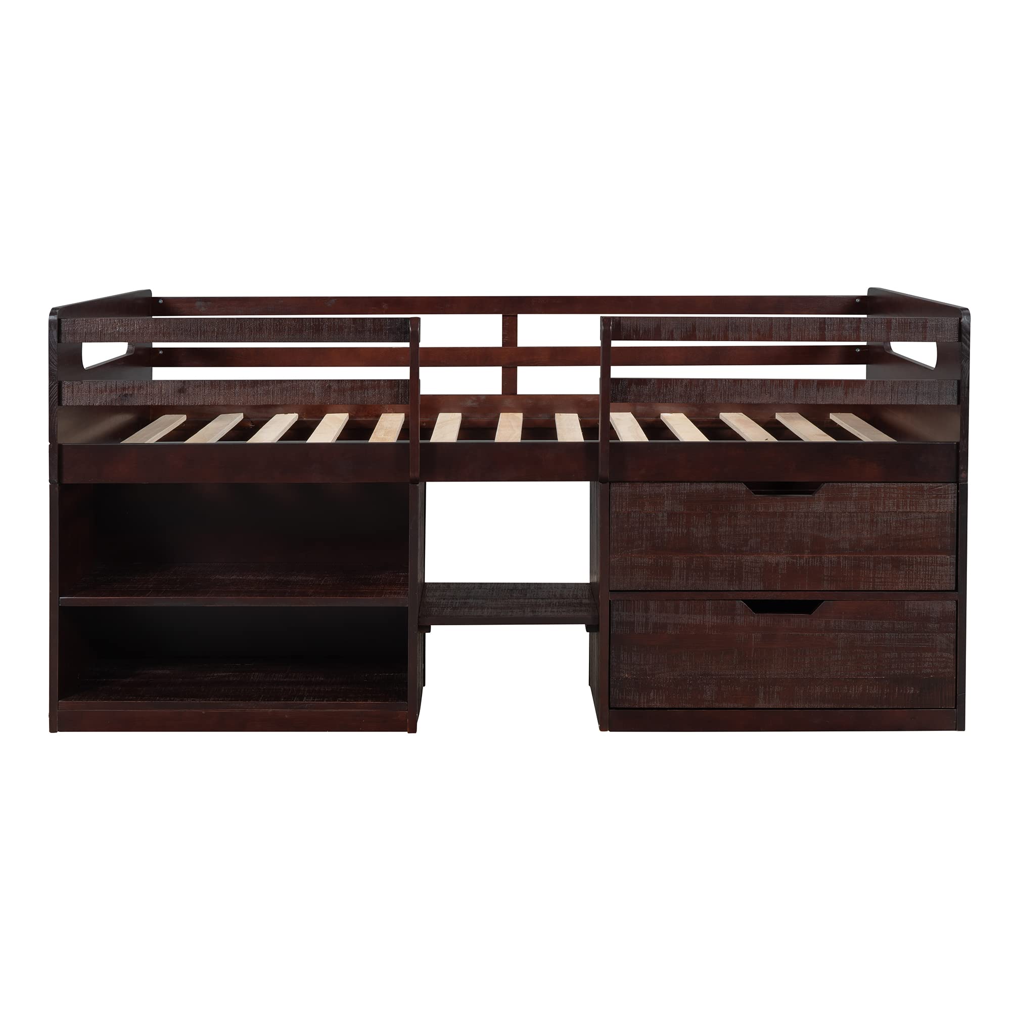 P PURLOVE Twin Loft Bed with 2 Shelves & 2 Drawers - Low Loft Bed Frame for Kids & Teens - No Box Spring Needed - Space-Saving Design for Small Rooms - Antique Espresso Finish - Perfect for Dorms, Apartments & Shared Bedrooms