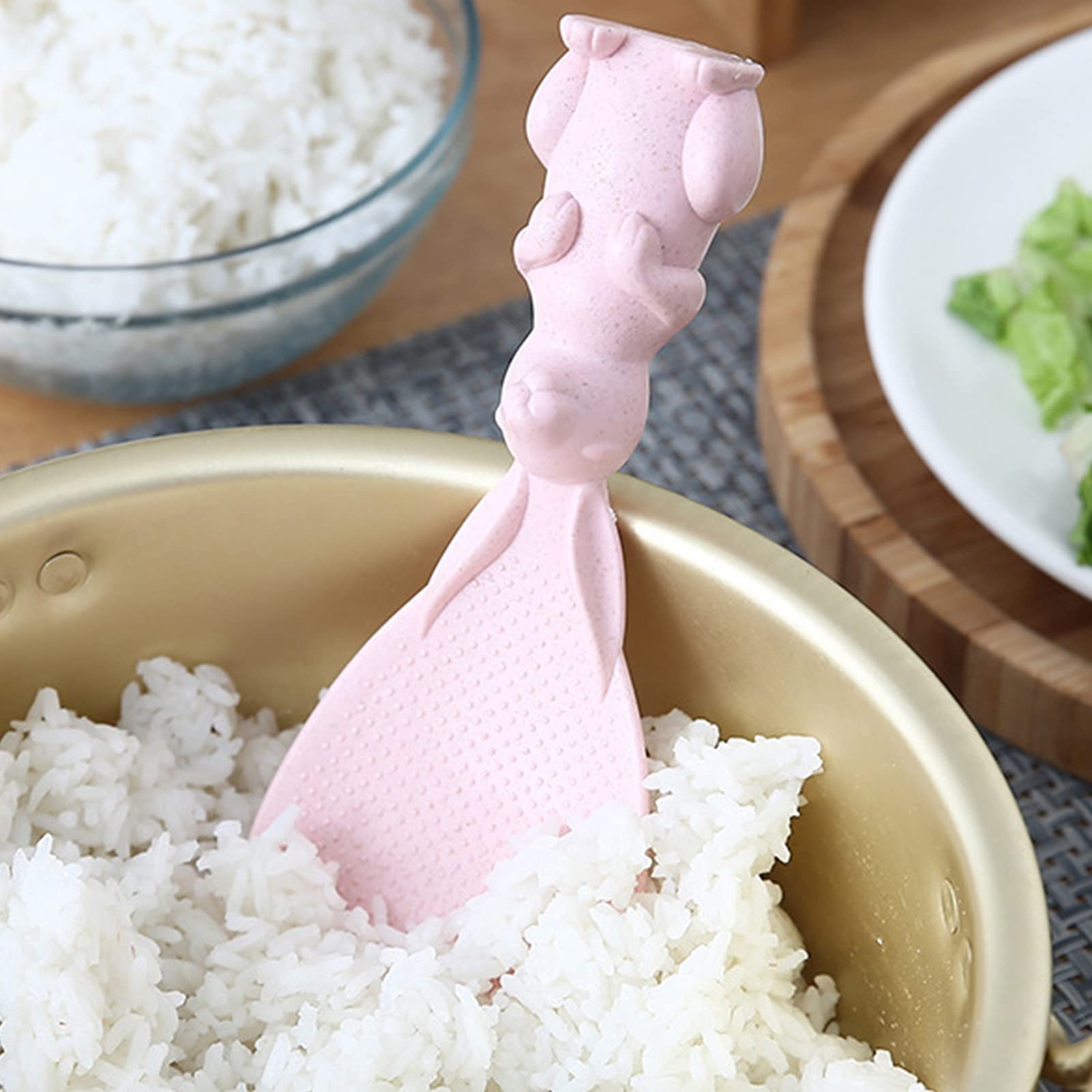 Non-Stick Rice Scoop Set - 4pcs Rabbit Design Rice Paddle Spoon with Stand, Wheat Straw Material for Rice Cooker - Perfect for Serving Rice, Sushi & Grain Dishes in Home Kitchen & Restaurants