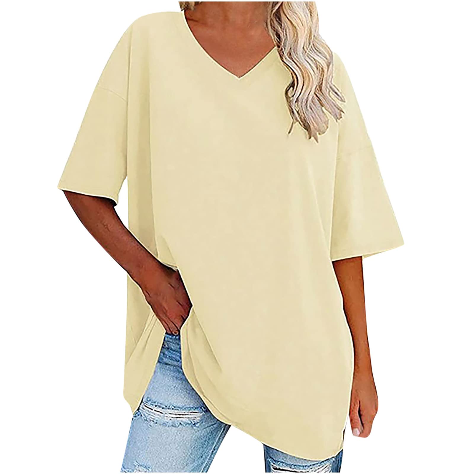 Women's Casual V-Neck Half Sleeve Loose Fit T-Shirt - Soft Comfortable Solid Color Blouse Tops for Everyday Wear, Work & Weekend Outings