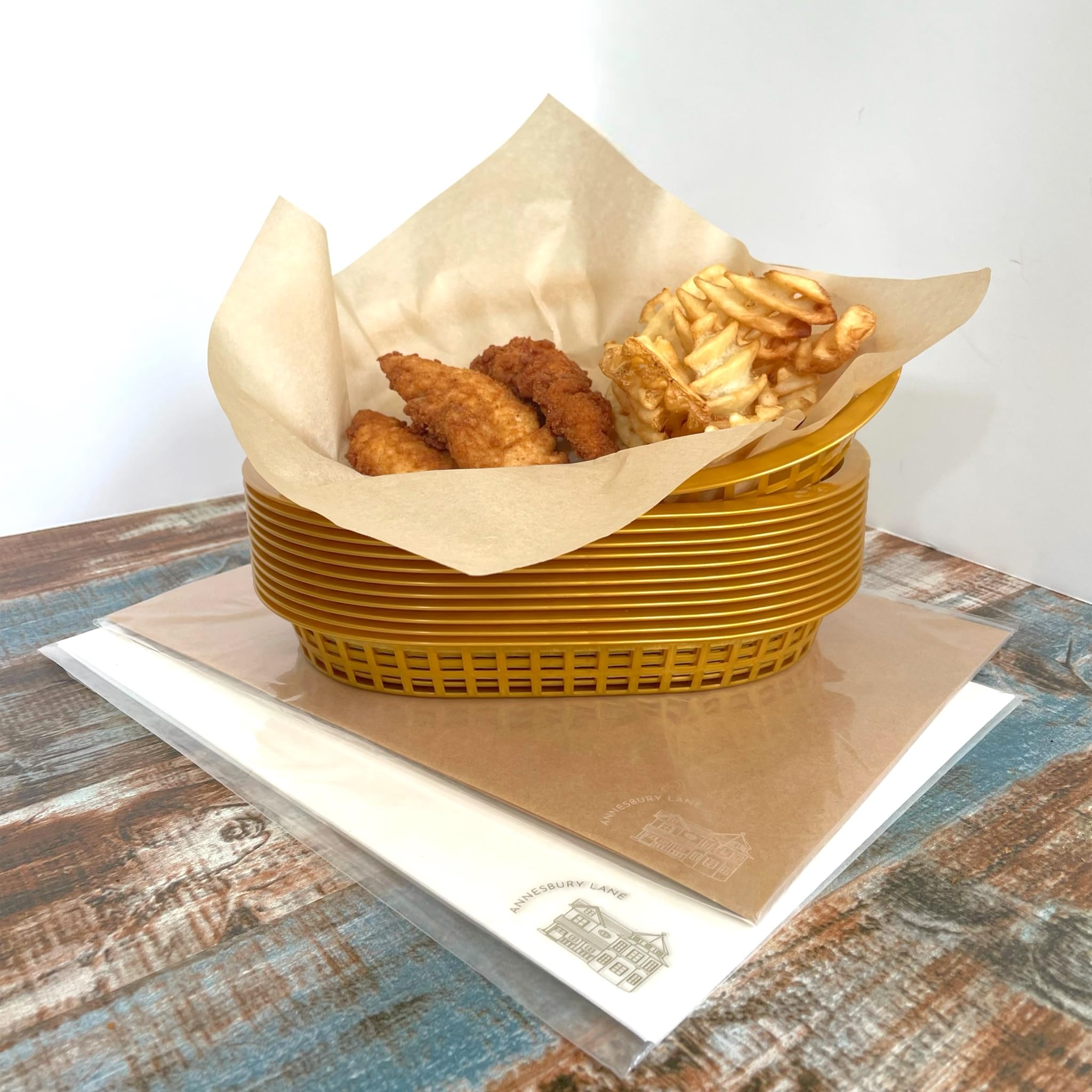Boho Retro Gold Food Baskets - 12 Pack Reusable Plastic Fast Food Trays with 120 Parchment Paper Liners (2x60pk) | Perfect for Parties, Picnics & Catering Events