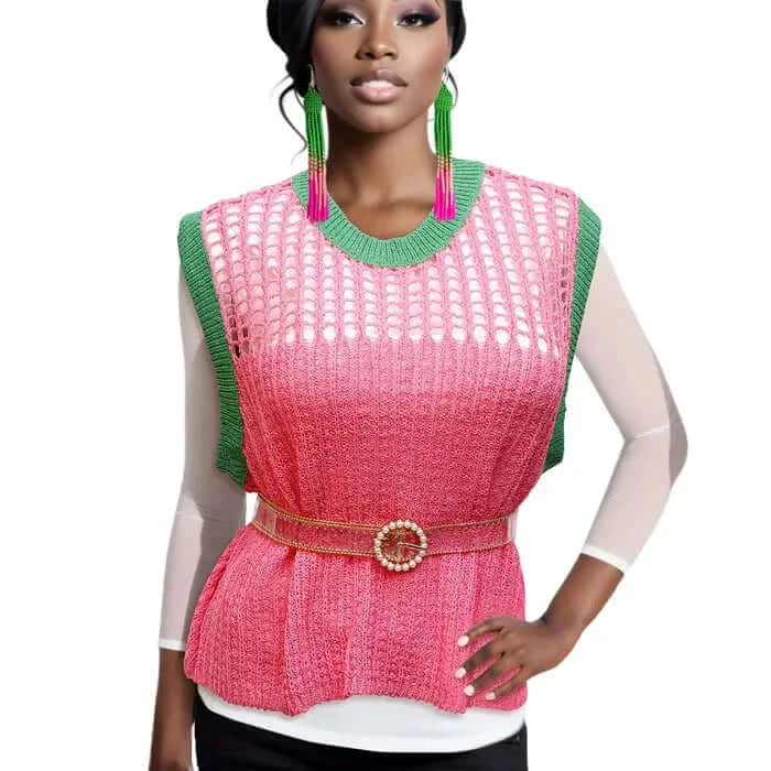 Crochet Vest Top for Women - Pink and Green Boho Poncho - Perfect for Beach, Festival, and Casual Outfits