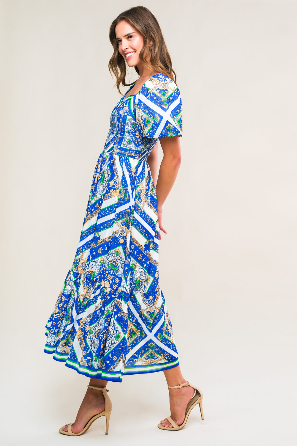 Palm Springs Puff Sleeve Midi Dress in Blue | Flowy Summer Dress for Women | Perfect for Beach Vacations, Brunch Dates & Outdoor Weddings