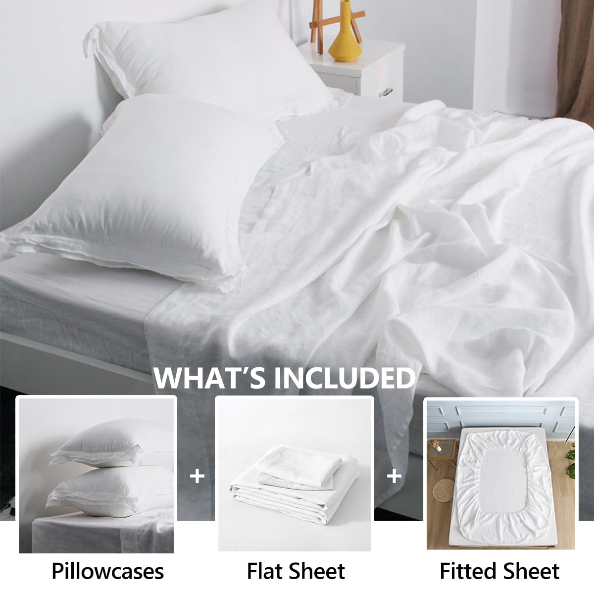 Premium 100% Organic French Linen Sheet Set - Stone Washed Ultra Soft Flax Bedding (Full 4pc, White) | Eco-Friendly Luxury Bed Sheets for Master Bedroom & Guest Room
