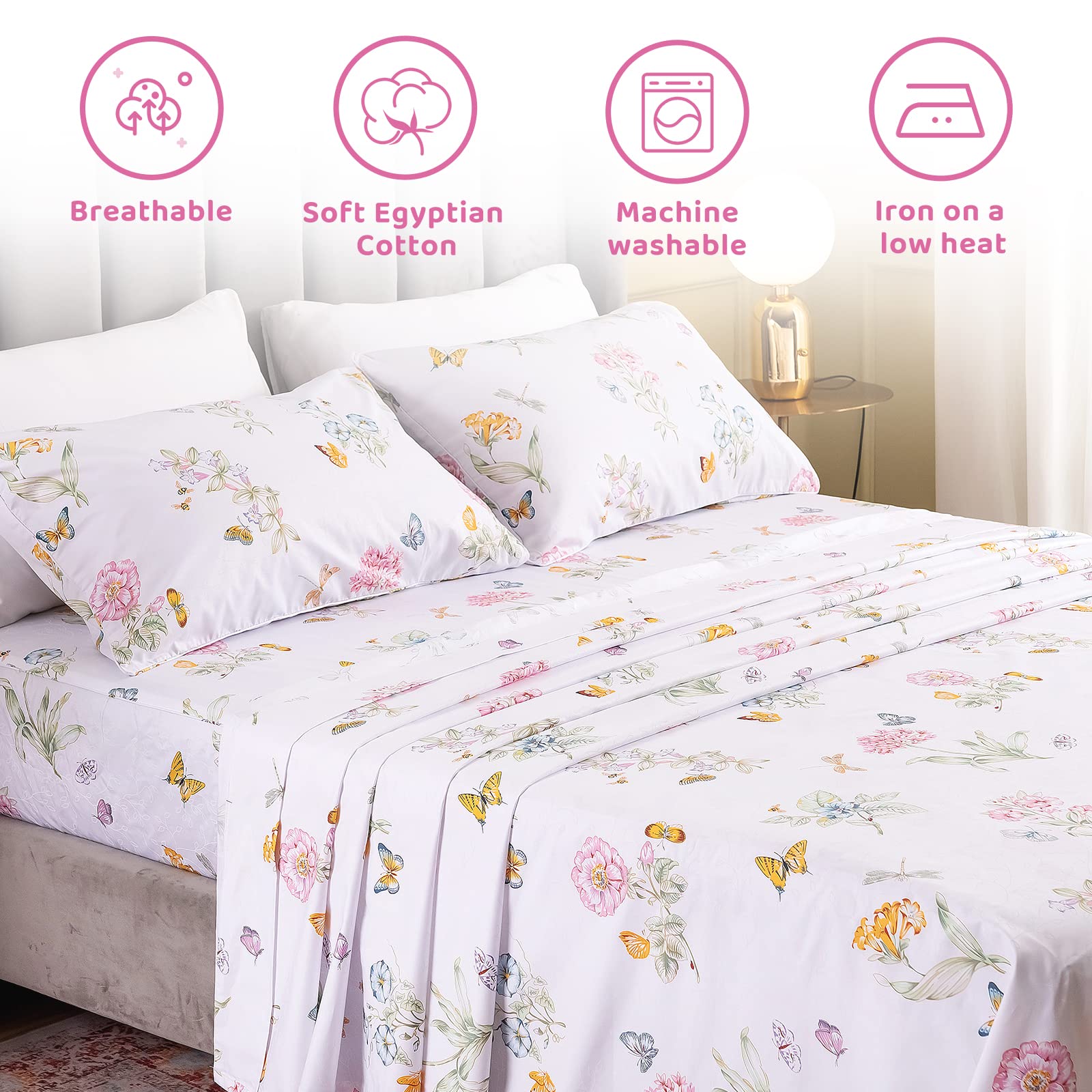 Premium Egyptian Cotton King Size Sheet Set - Floral Butterfly Print 4-Piece Bedding with 17.5