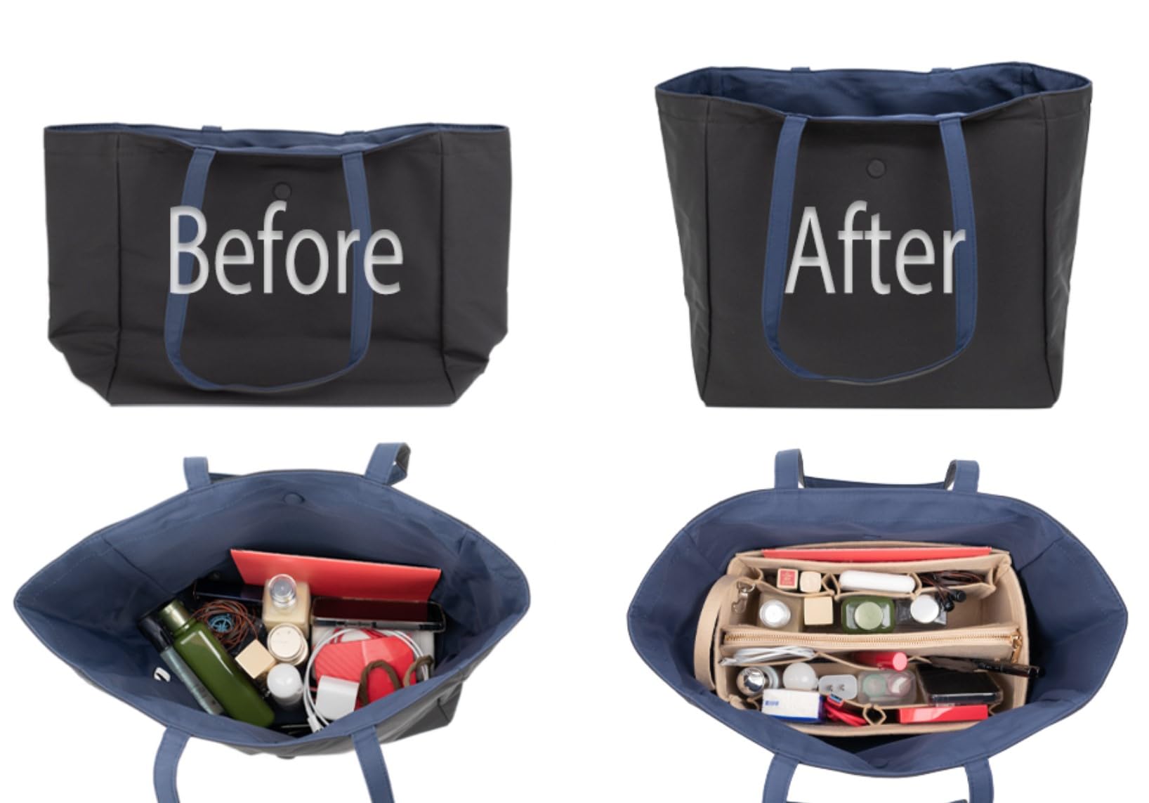 Premium Zipper Felt Purse Organizer Insert with Key Chain - Black Small Handbag Organizer for Tote Bags | Perfect for Work, Travel & Daily Essentials Organization