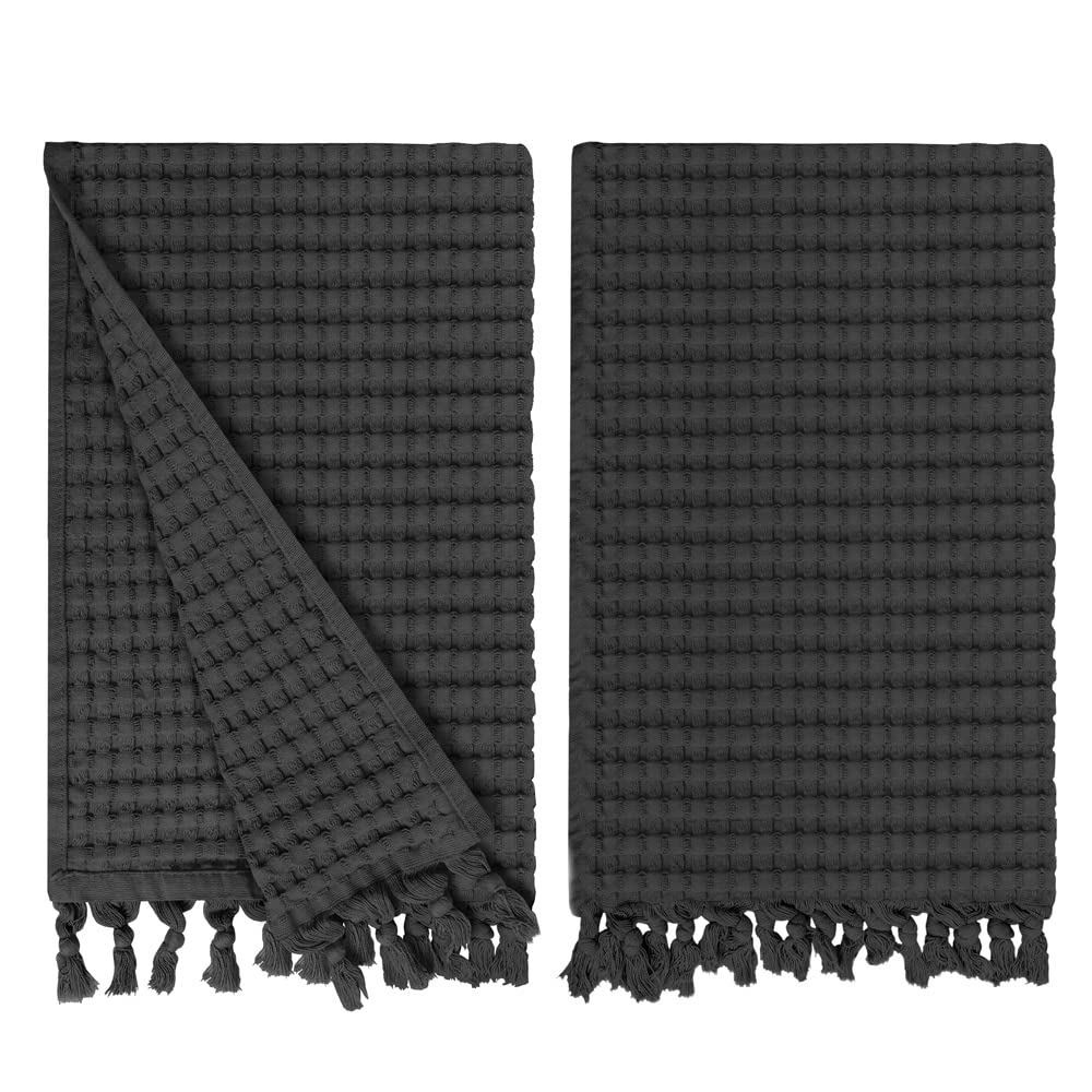 GILDEN TREE 2-Pack Large Decorative Waffle Hand Towels 20x35 Inches - Quick Drying Bathroom Towels, Modern Fingertip Towel Set in Faded Black - Perfect for Guest Bathrooms, Powder Rooms & Spa-Style Decor