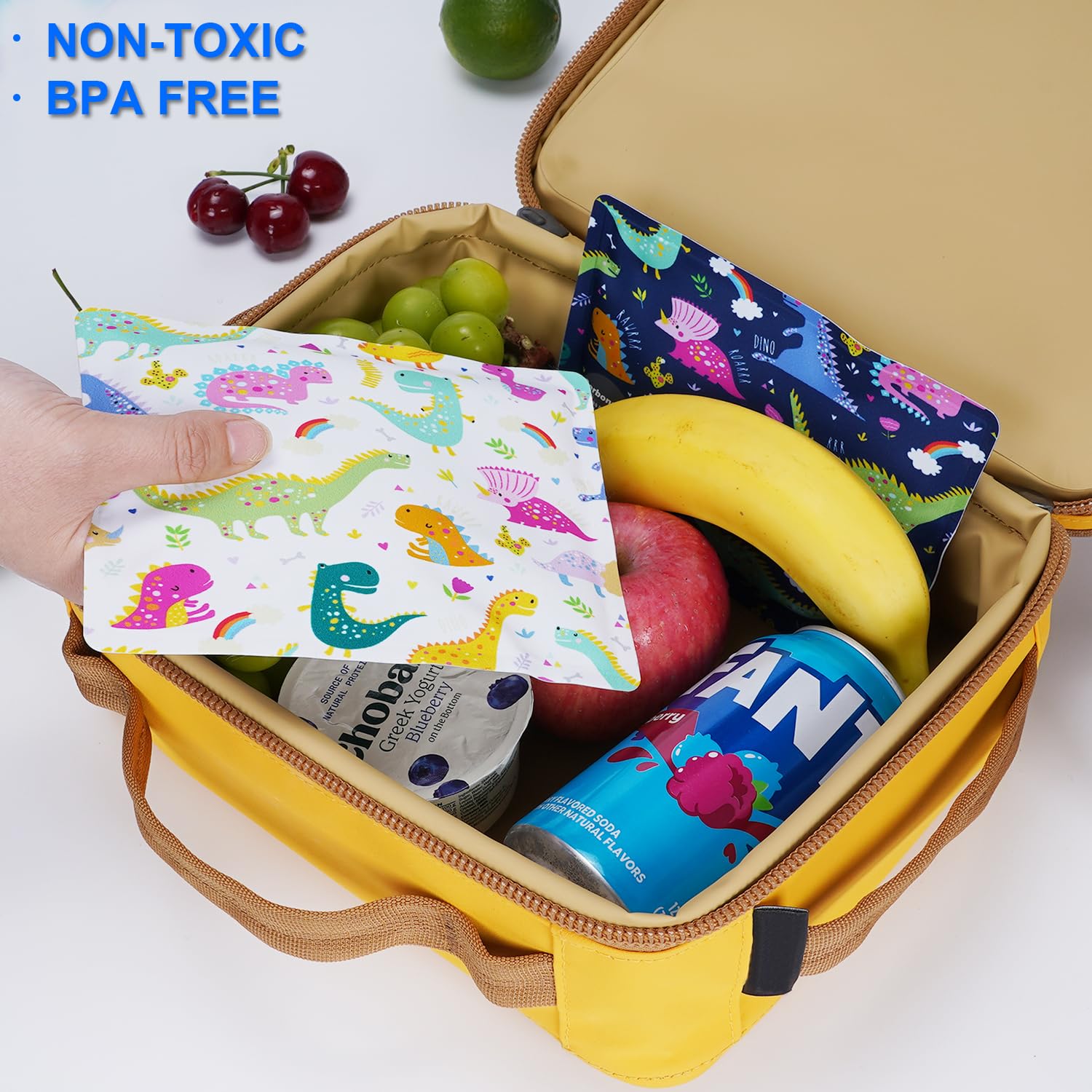 Cerbonny Reusable Ice Packs for Lunch Boxes - 4 Pack Dinosaur Design, BPA Free & Leak Proof Cooling Gel Packs - Perfect for Kids Lunch Bags, Picnics, Camping & Keeping Food Fresh All Day