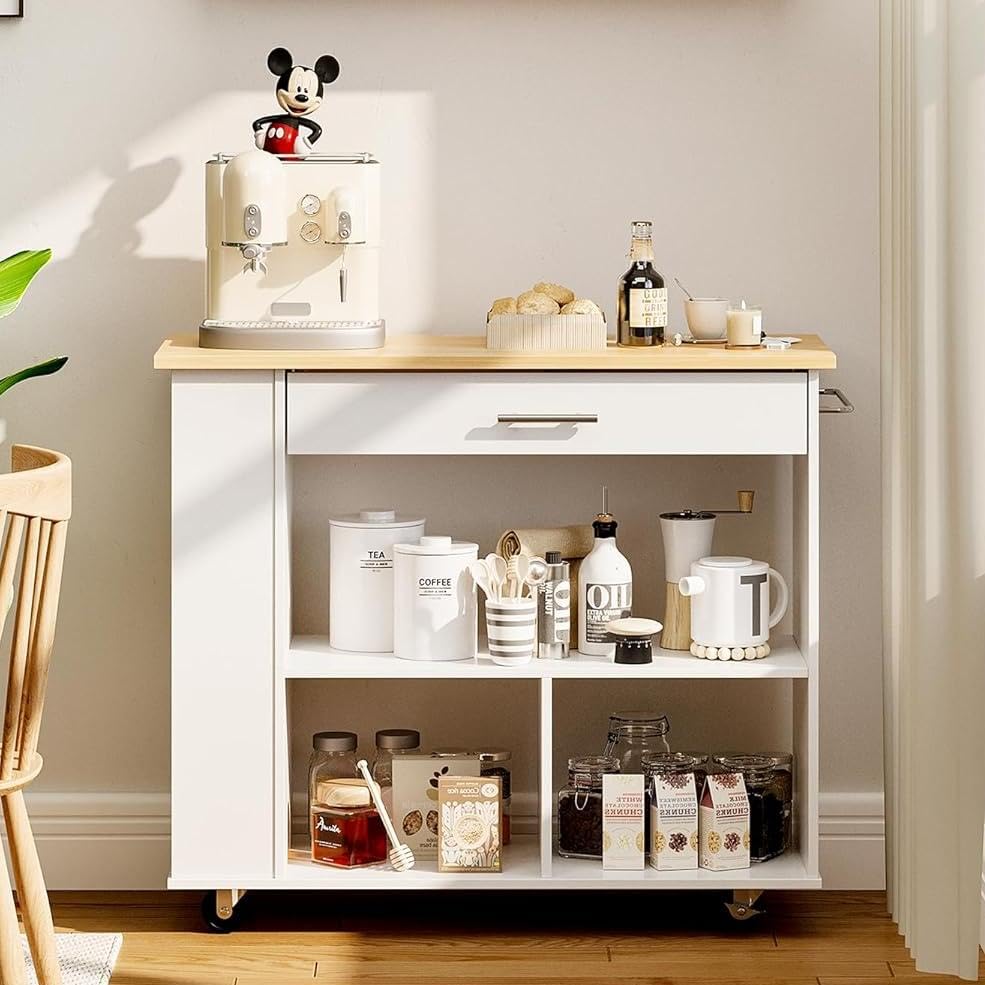 SUNLEI 3-Tier Rolling Kitchen Cart with Spice Rack & Storage Cabinet - Lockable Wheels, Towel Handle & 2 Open Shelves - White | Mobile Kitchen Island Organizer for Small Spaces, Pantry Storage & Cooking Station