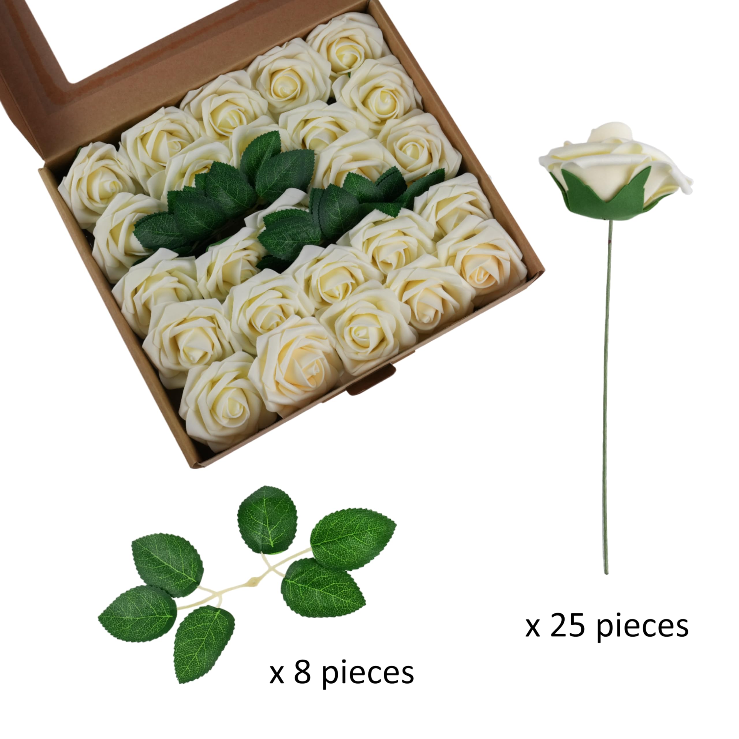 25pcs Realistic Ivory Foam Artificial Rose Flowers with Stems - DIY Wedding Bouquets, Bridal Party Decorations, Table Centerpieces, Home & Event Decor