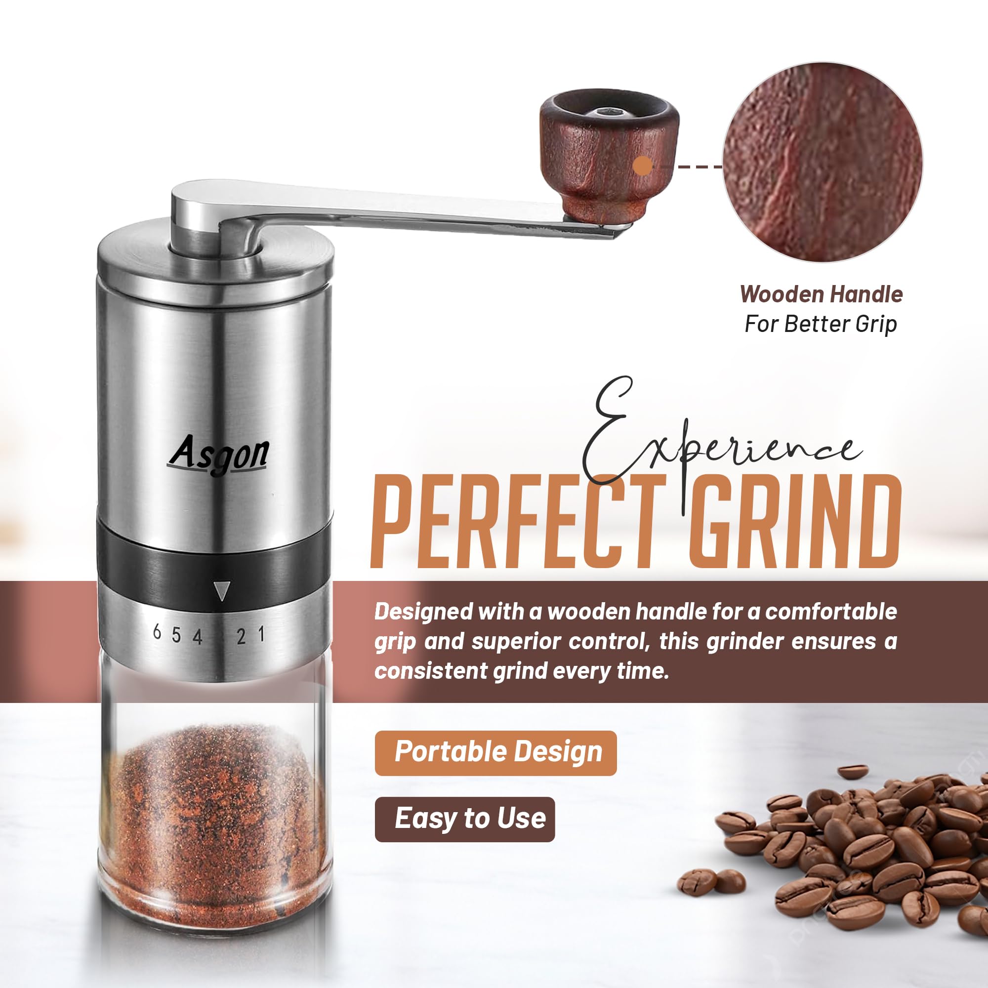 Premium Manual Coffee Grinder with Spoon & Cleaning Brush - Adjustable Stainless Steel Burr Mill for Espresso, French Press & Pour Over - 6 Coarseness Settings - Ergonomic Handle - Perfect for Home, Office & Camping Use