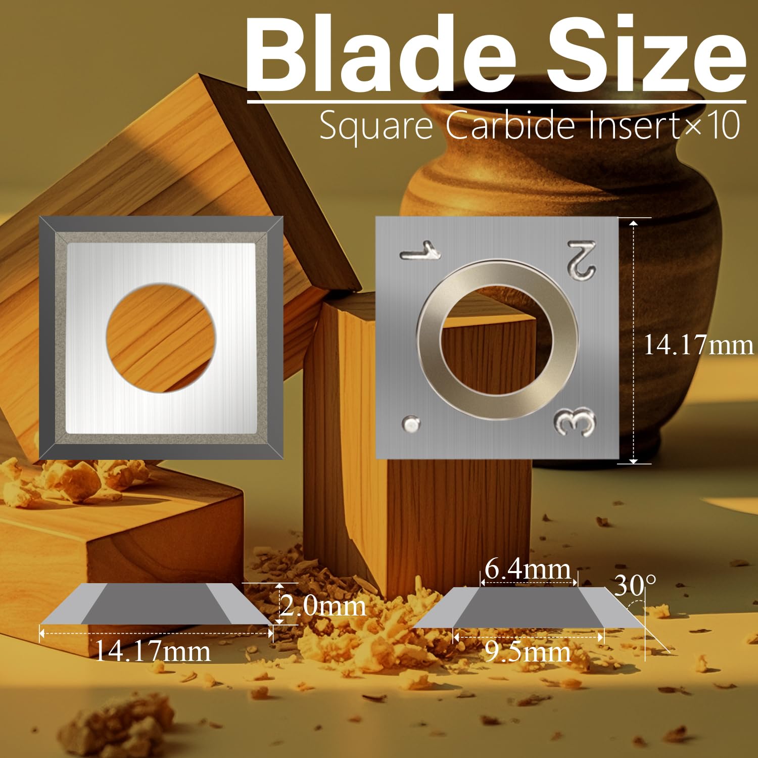 14.17x14.17x2mm Square Straight Carbide Inserts - 10PCS High Precision Wood Turning Lathe Tools for Woodworking, Spiral Helical Cutter Heads - Perfect for DIY Projects, Furniture Making & Professional Woodturning