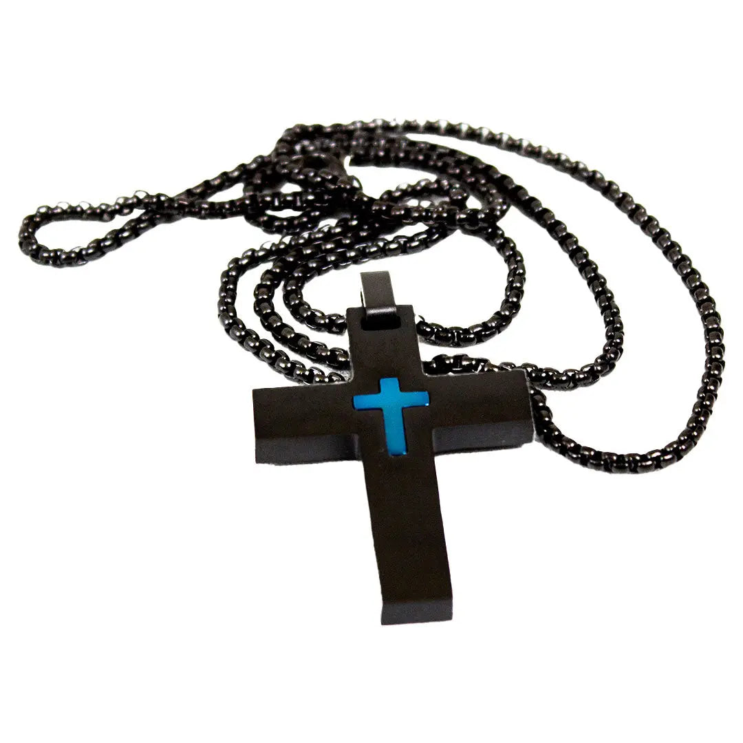 SteelTime Men's Black & Blue IP Stainless Steel Cross Pendant Necklace - Durable Waterproof Jewelry for Daily Wear, Gifts & Religious Occasions