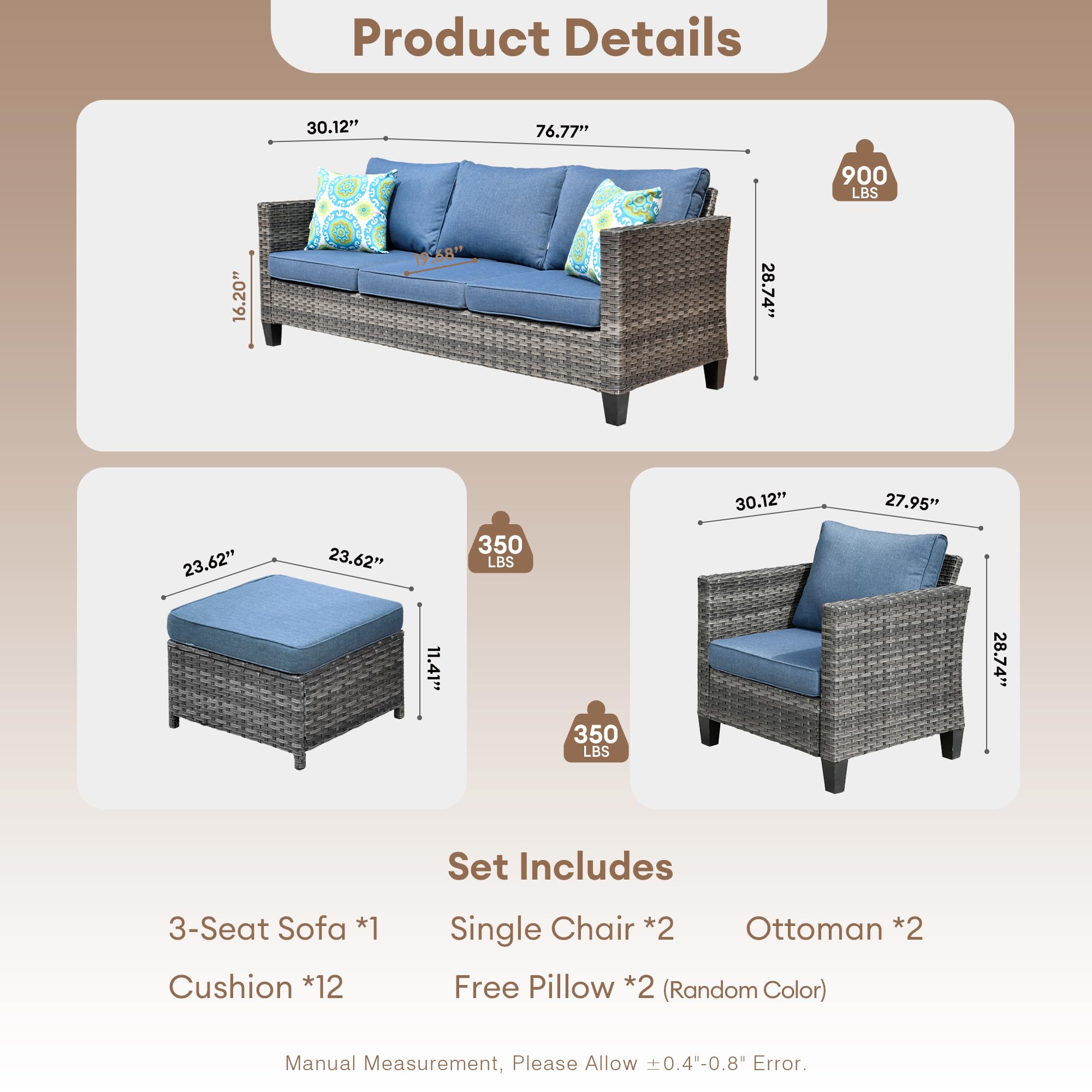 Outdoor Rattan Patio Furniture Set 5-Piece All-Weather Wicker Conversation Set with Sofa, Chairs & Ottomans - Grey & Denim Blue for Garden, Deck, Backyard | Perfect for Relaxing, Entertaining & Outdoor Dining