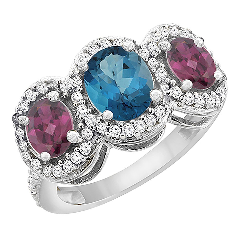 14K White Gold Natural London Blue Topaz & Rhodolite 3-Stone Ring with Oval Diamond Accent - Sizes 5-10 | Elegant Engagement, Anniversary Gift for Her, Wedding Jewelry