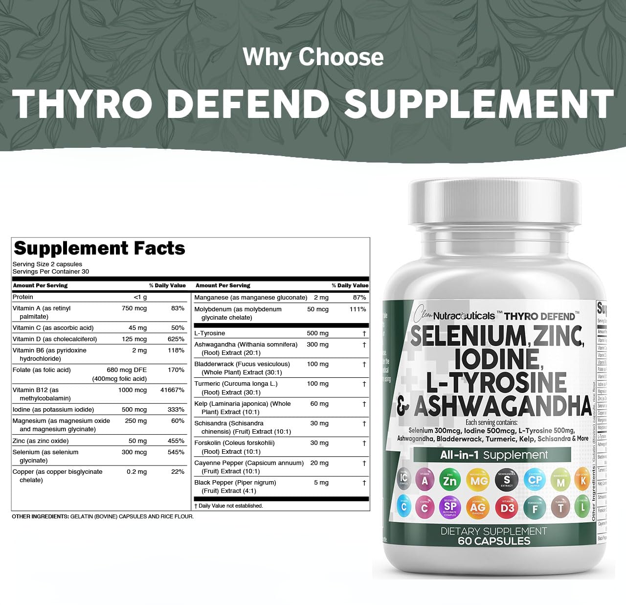 Clean Nutra Selenium 300mcg & Iodine 500mcg Thyroid Support Supplement for Women & Men | L-Tyrosine 500mg, Ashwagandha, Bladderwrack, Turmeric, Kelp, Schisandra & Zinc Capsules - Supports Energy, Metabolism & Immune Health for Active Lifestyles