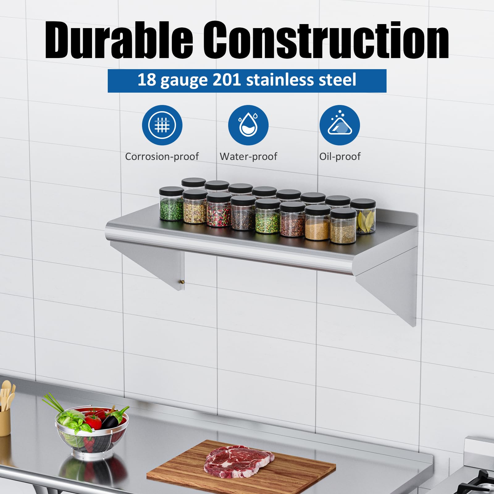 Commercial Stainless Steel Shelves 12x36 Inch - Heavy Duty Wall Mounted Metal Shelving (2 Pack, 300 lb Capacity) for Restaurant Kitchen, Pantry & Garage Storage