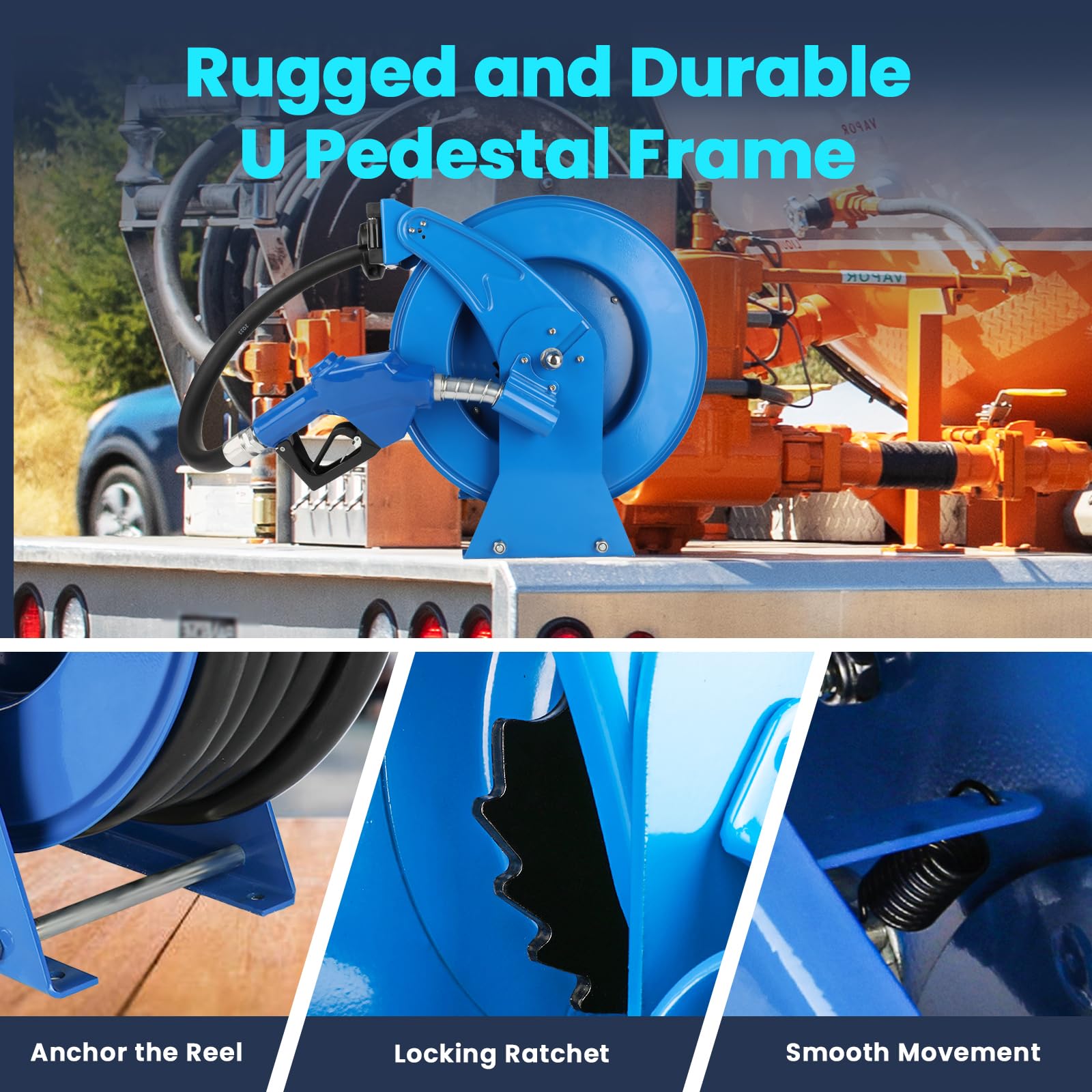 Heavy Duty 1 Inch x 51ft Retractable Diesel Fuel Hose Reel - 300 PSI Spring Driven Auto Rewind with Swivel & Refueling Nozzle - Industrial Grade for Aircraft, Ships, Vehicles & Fuel Tanks (Blue) - Perfect for Gas Stations, Construction Sites & Marine Applications