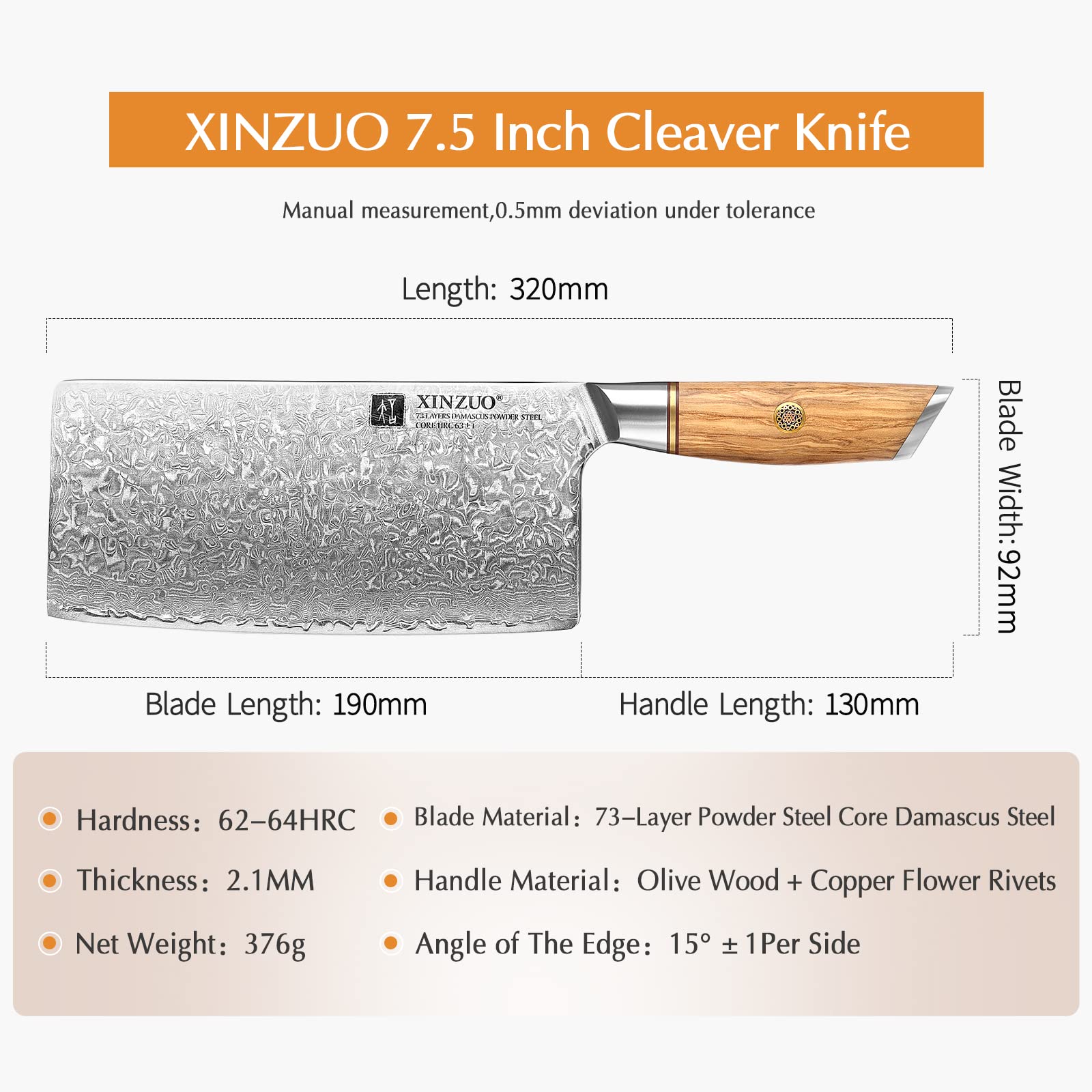XINZUO 7.5 Inch Damascus Steel Chinese Chef Knife - 73 Layer High Carbon Powder Steel Core, Multi-Purpose Kitchen Cleaver for Meat & Vegetable Cutting with Olive Wood Handle - Perfect for Home Cooking, Professional Kitchens & BBQ Preparation