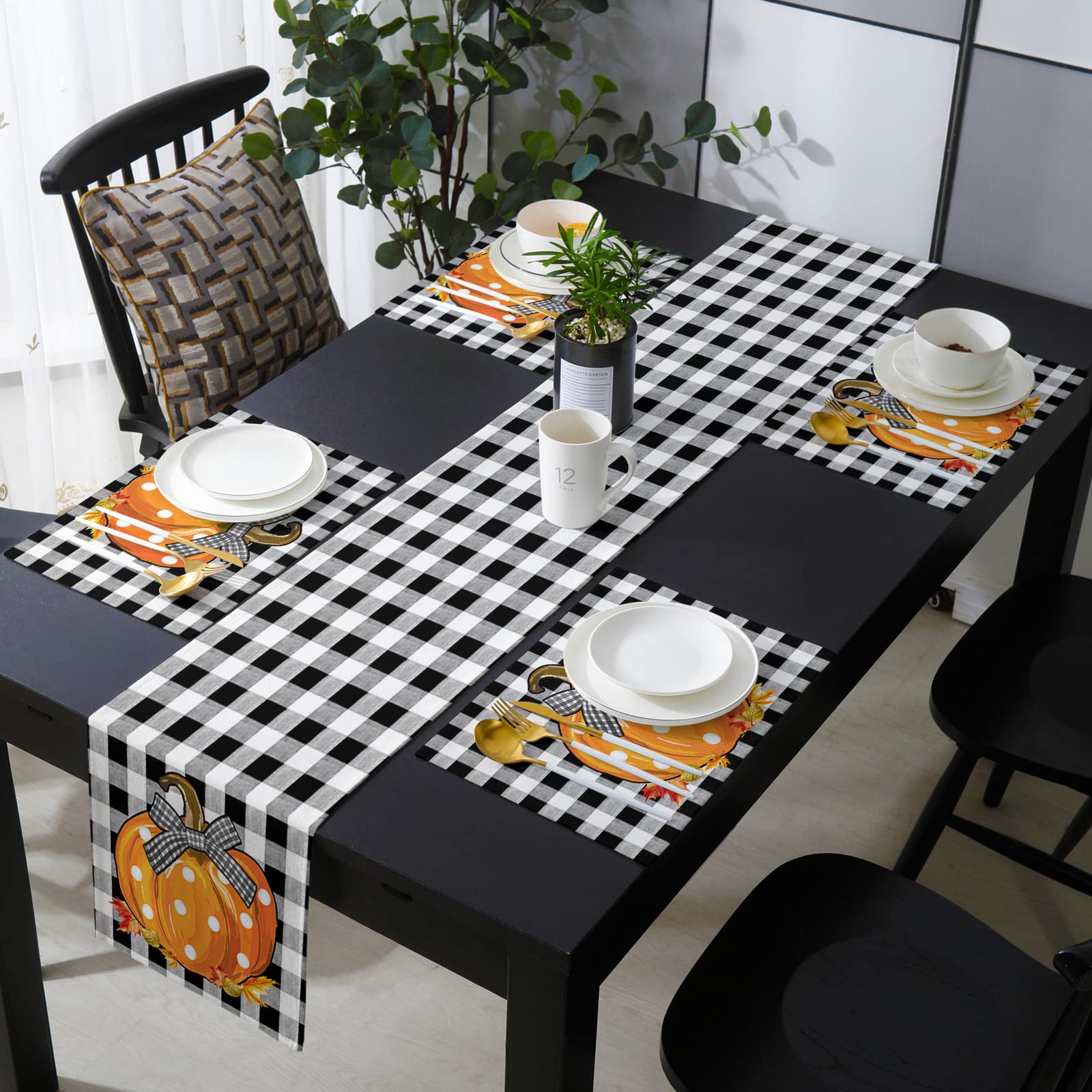 BEKYONEE 2-Piece Thanksgiving Table Runner Set with Placemats - Watercolor Pumpkin Design, Washable Buffalo Plaid in Black & White - Perfect for Kitchen, Dining Room, Party Decor, and Holiday Table Setting