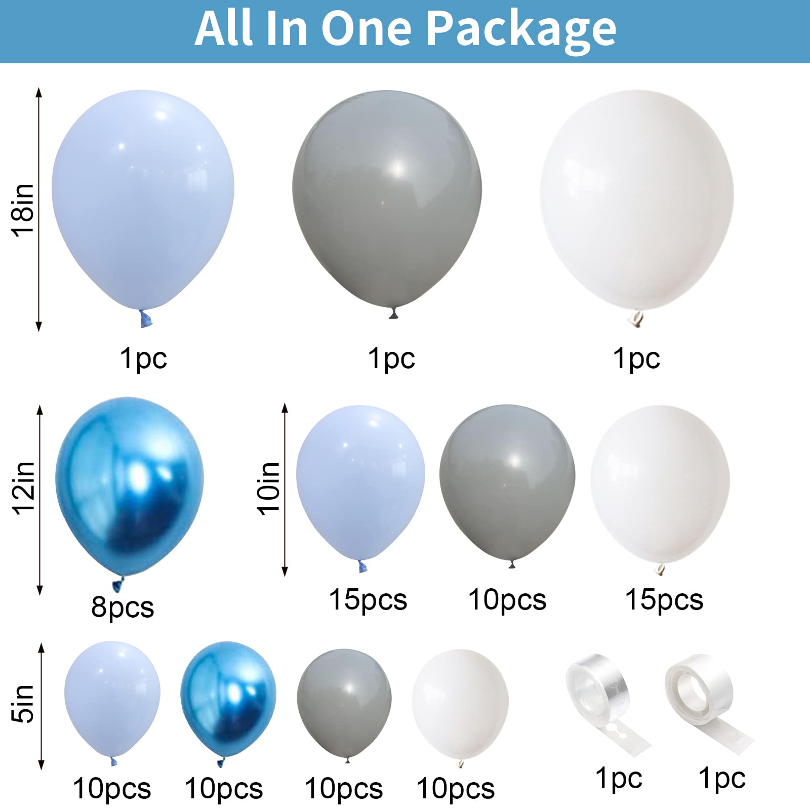 Blue White Metallic Balloon Arch Garland - Silver Grey Pastel Balloons for Birthday Party, Gender Reveal, Baby Shower & Anniversary Decorations | Helium Latex Balloons for Indoor & Outdoor Events