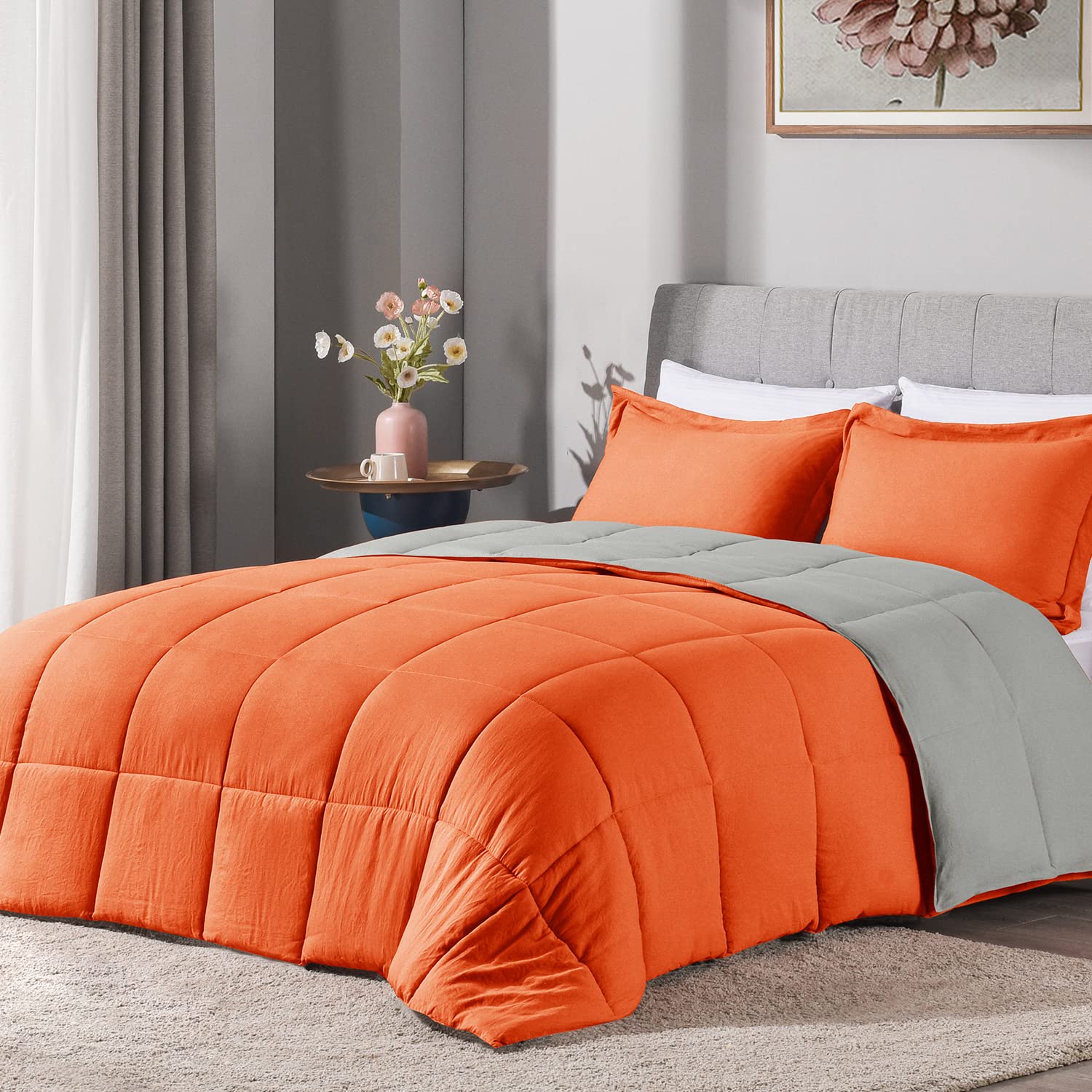 LOVTEX 3-Piece King Size Comforter Set - Ultra Soft Washed Microfiber Reversible Down Alternative Bedding in Orange/Grey - Includes 1 King Comforter & 2 Pillow Shams - Perfect for Master Bedroom, Guest Room & Cozy Winter Nights