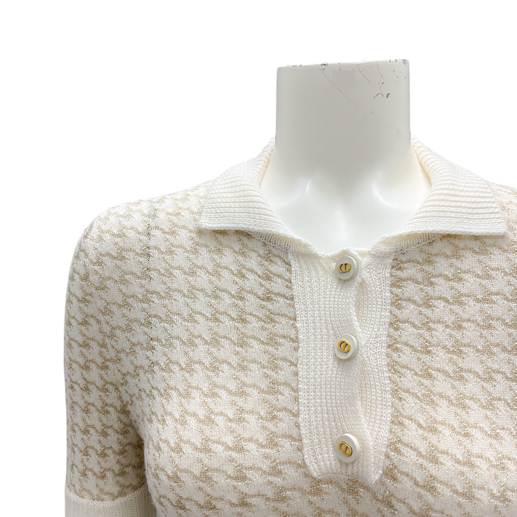 Christian Dior Cashmere Polo Sweater - Cream & Gold Houndstooth Pattern Short Sleeve Top for Women | Perfect for Office Wear, Cocktail Parties & Luxury Fashion Events