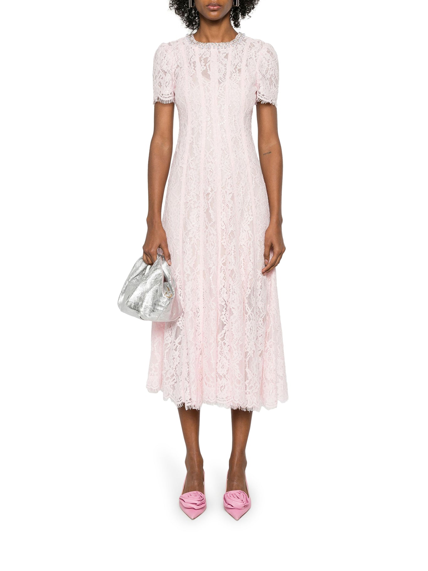Elegant Lace Midi Dress for Women - Pink & Purple Floral Self Portrait Party Dress | Formal Occasions, Weddings, Date Nights