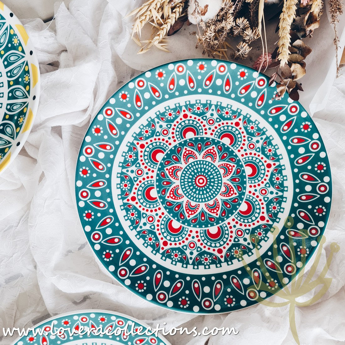 Mandala Green & White Salad Plate Set - Elegant Hand-Painted Ceramic Dinnerware for Home & Restaurant Use - Perfect for Salads, Appetizers, Desserts & Party Serving