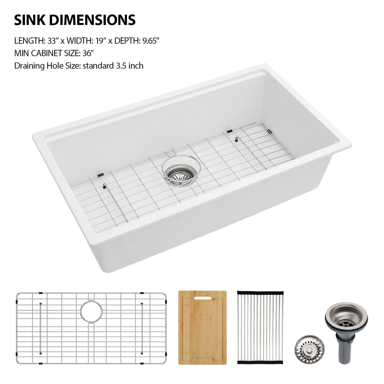 Lordear 33 Inch White Undermount Granite Composite Kitchen Sink - Single Bowl Workstation (33x19x10 Inch) - Durable Quartz Sink for Modern Kitchens, Perfect for Food Prep & Dishwashing