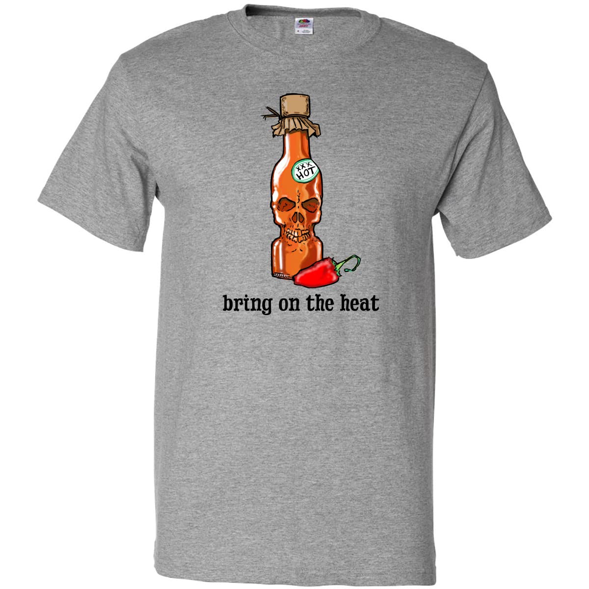 Inktastic Bring on The Heat Skull Bottle and Pepper Graphic T-Shirt for Men & Women | Cool Skull & Chili Pepper Design | Perfect for Halloween, Parties & Casual Wear