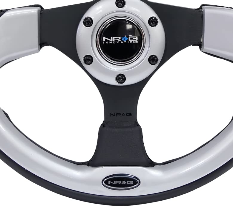NRG Innovations NRG-RST-001SL 320mm Black Leather & Silver Trim Sport Steering Wheel - High Performance Racing Wheel for Drifting, Track Racing & Car Enthusiasts