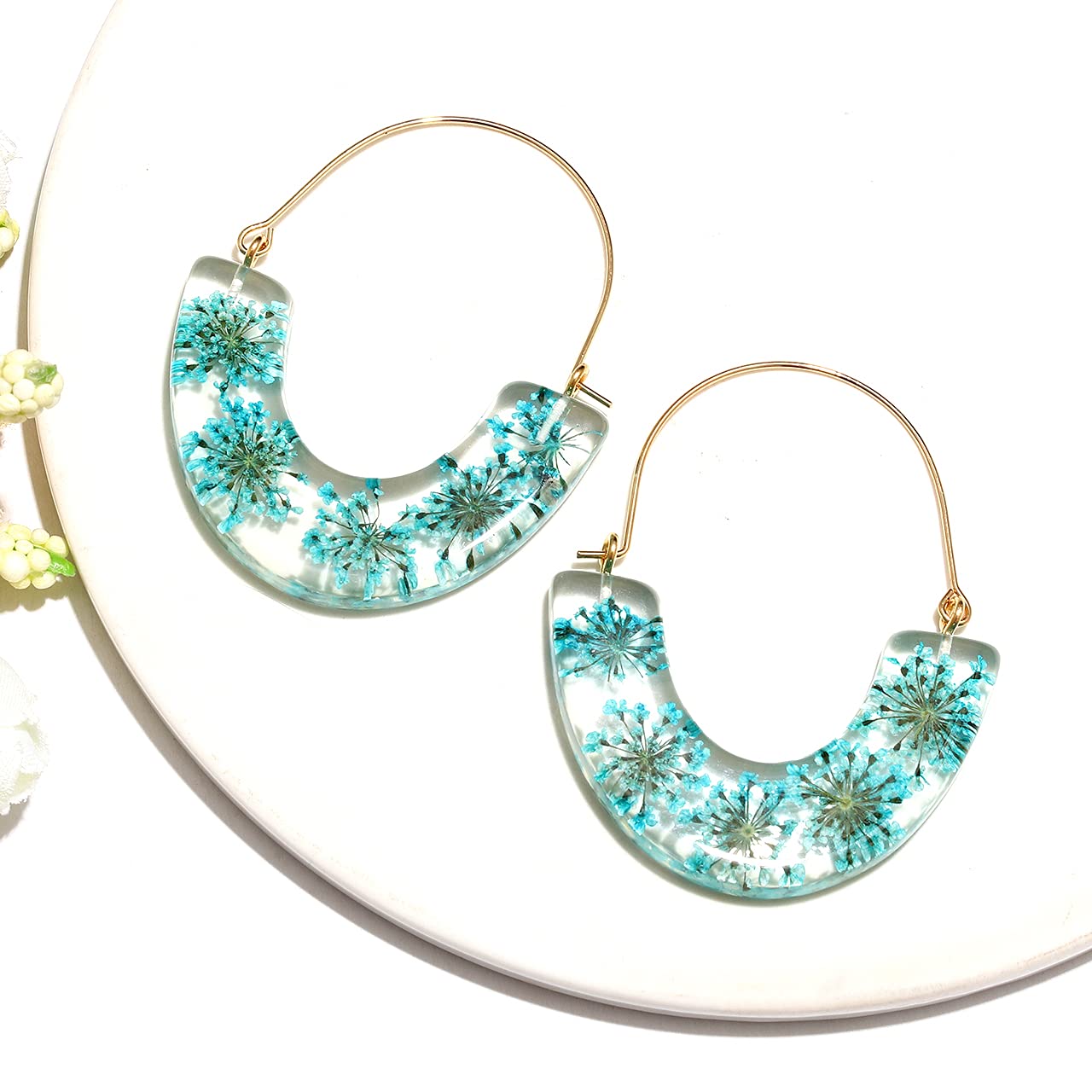 Pressed Flower Resin Hoop Earrings for Women - Real Floral Dangle Drop Statement Earrings - Birthday, Wedding, Party Gifts - Perfect for Boho Style & Everyday Wear