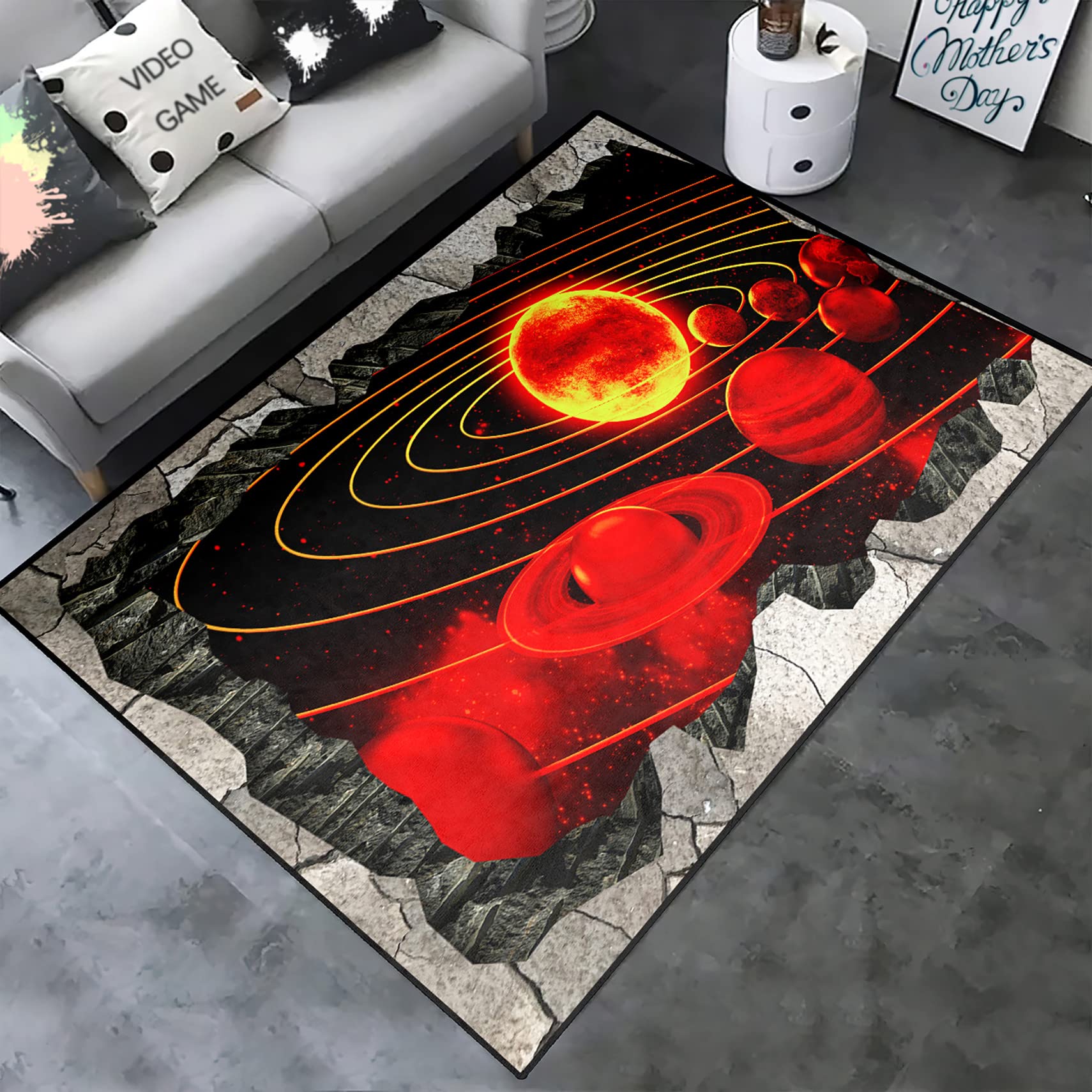 3D Printed Outer Space Planets Rug - Red Universe Star Dust Floor Mat for Teen Boys Bedroom Decor | Perfect for Space Enthusiasts, Kids Room, Gaming Setup & Sci-Fi Themed Interiors
