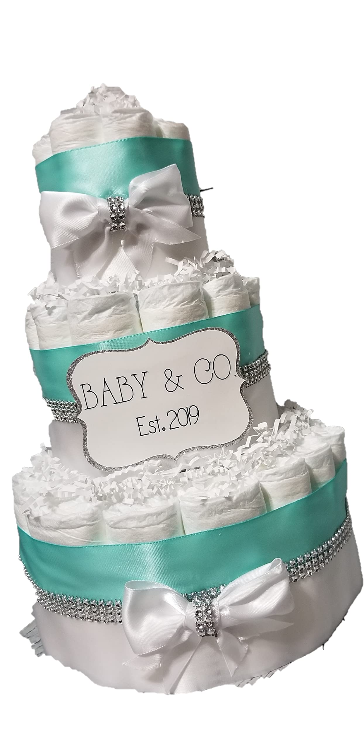 3 Tier Diaper Cake for Baby Shower - Elegant Bling Diaper Gift with Baby & Co Theme | Perfect for Newborn Gifts, Baby Showers, and Gender Reveal Parties