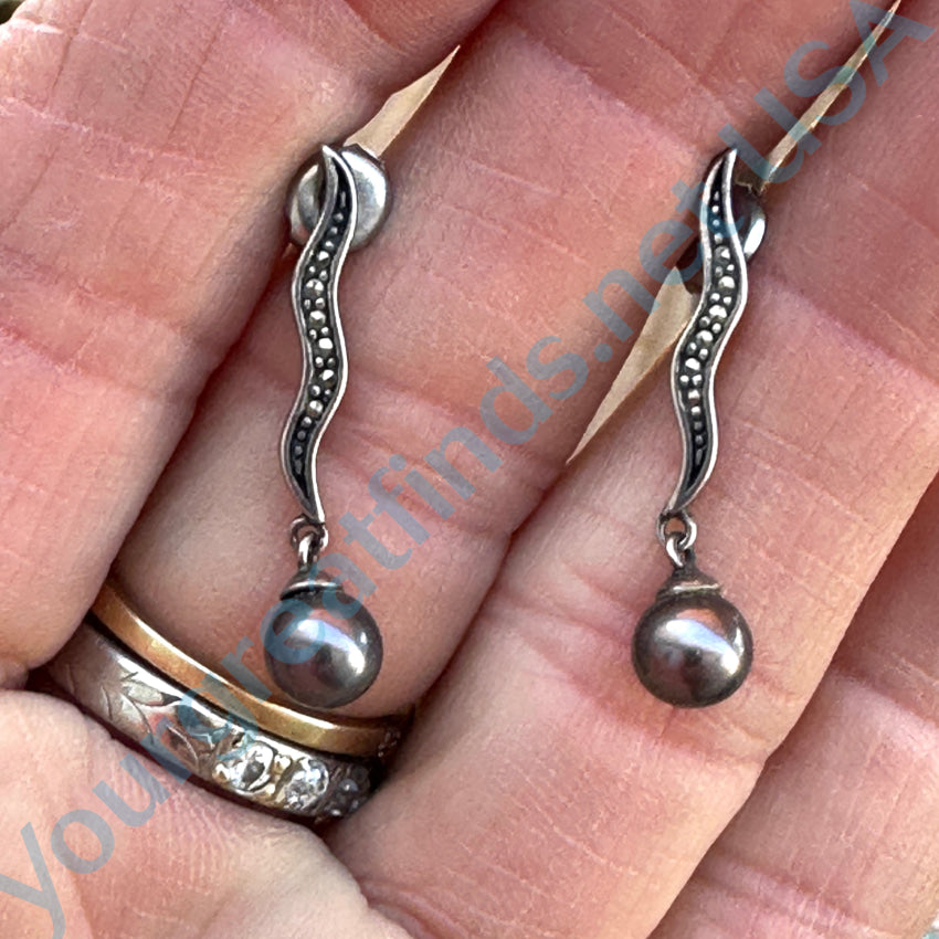 Sterling Silver Black Pearl Marcasite Stud Earrings for Women - Elegant Pierced Post Jewelry for Parties, Weddings & Special Occasions